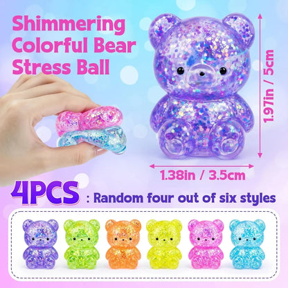 4 Pcs Gummy Bears Squishy, Glitter Bears Stress Ball, Slow Rise Stress Relief Fidget Toys, Soft Mini Bear Squishy Toys for Anxiety Relief, Gummy Bear Party Favors, Goodie Bag Fillers Kids and Adults