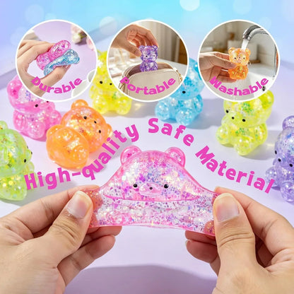 4 Pcs Gummy Bears Squishy, Glitter Bears Stress Ball, Slow Rise Stress Relief Fidget Toys, Soft Mini Bear Squishy Toys for Anxiety Relief, Gummy Bear Party Favors, Goodie Bag Fillers Kids and Adults