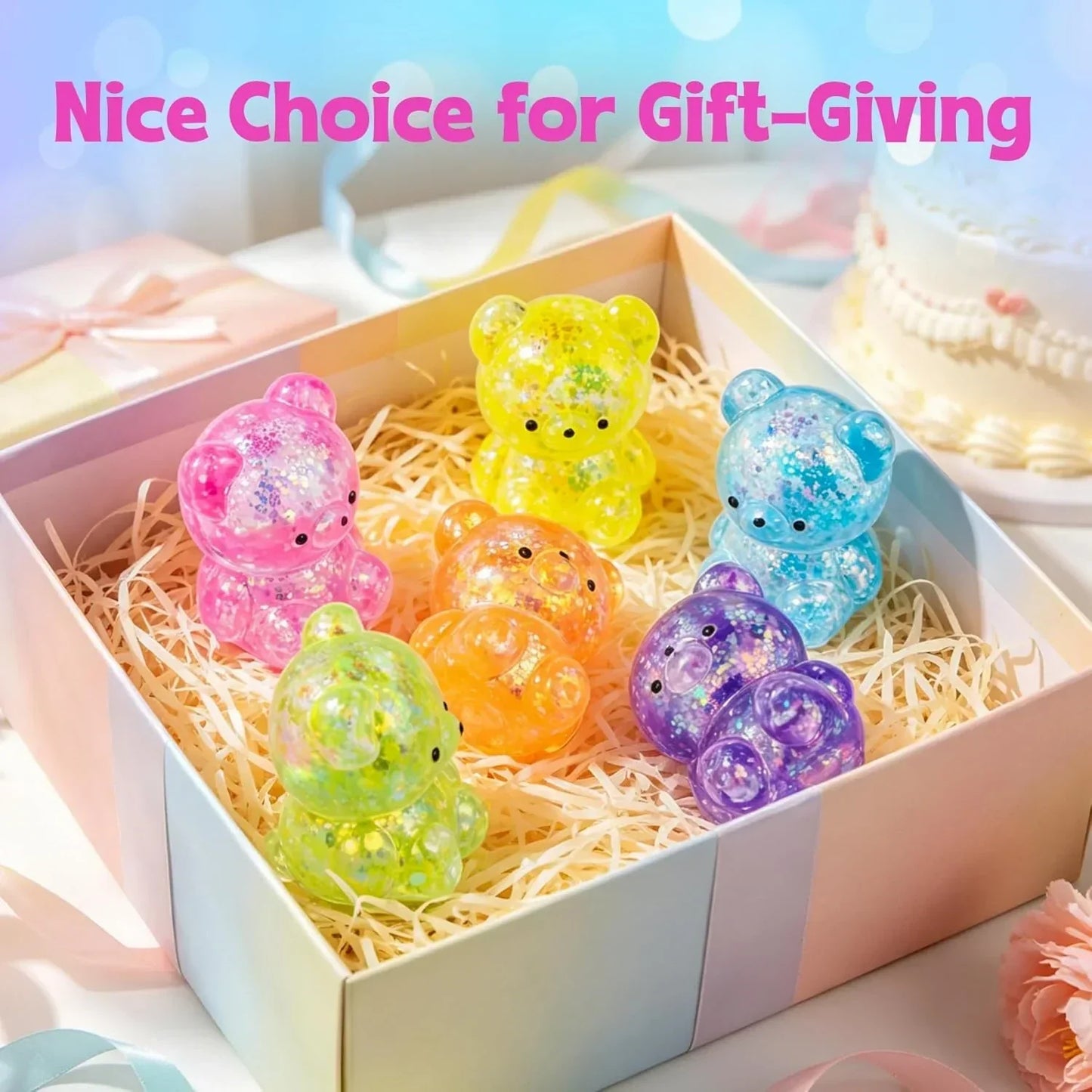 4 Pcs Gummy Bears Squishy, Glitter Bears Stress Ball, Slow Rise Stress Relief Fidget Toys, Soft Mini Bear Squishy Toys for Anxiety Relief, Gummy Bear Party Favors, Goodie Bag Fillers Kids and Adults