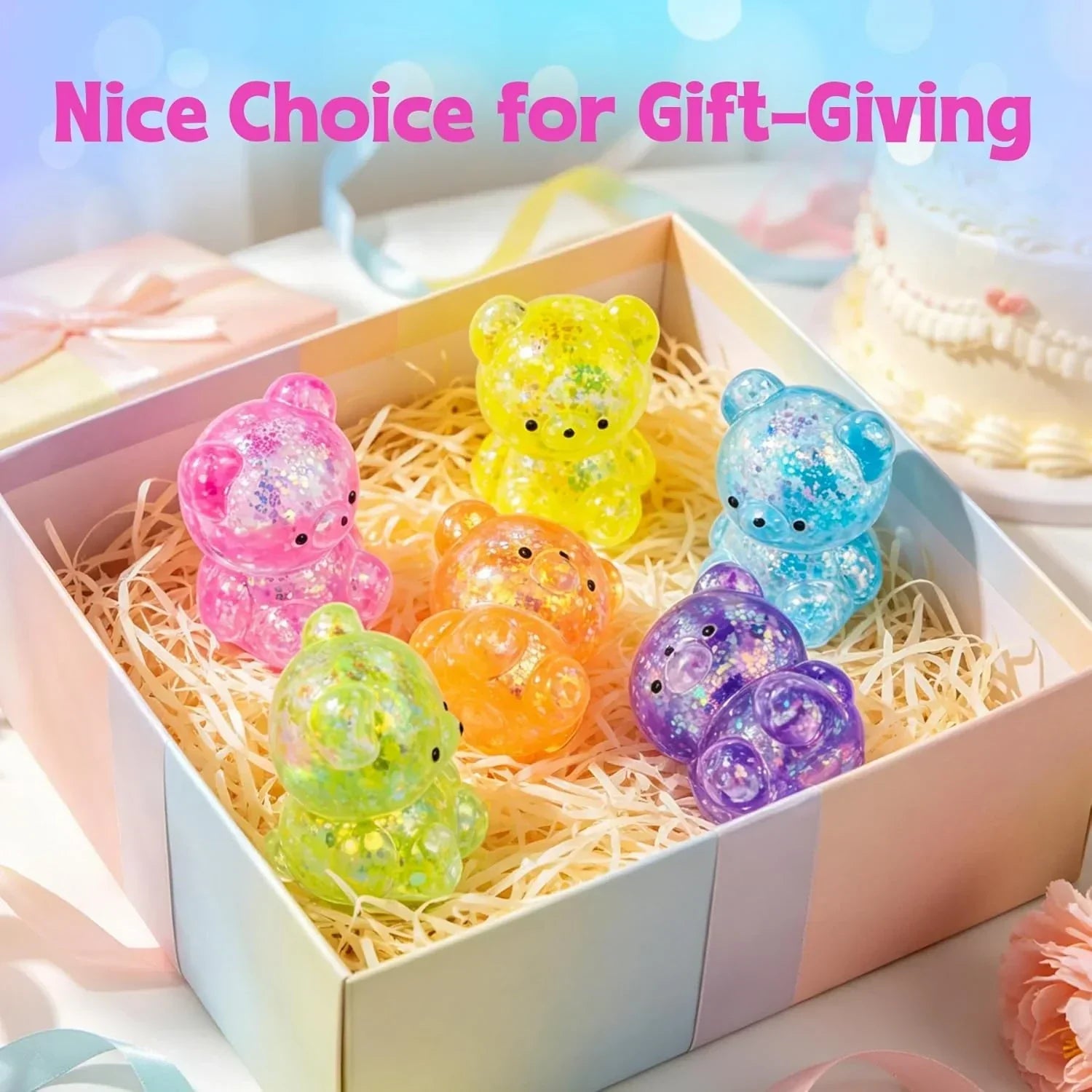 4 Pcs Gummy Bears Squishy, Glitter Bears Stress Ball, Slow Rise Stress Relief Fidget Toys, Soft Mini Bear Squishy Toys for Anxiety Relief, Gummy Bear Party Favors, Goodie Bag Fillers Kids and Adults