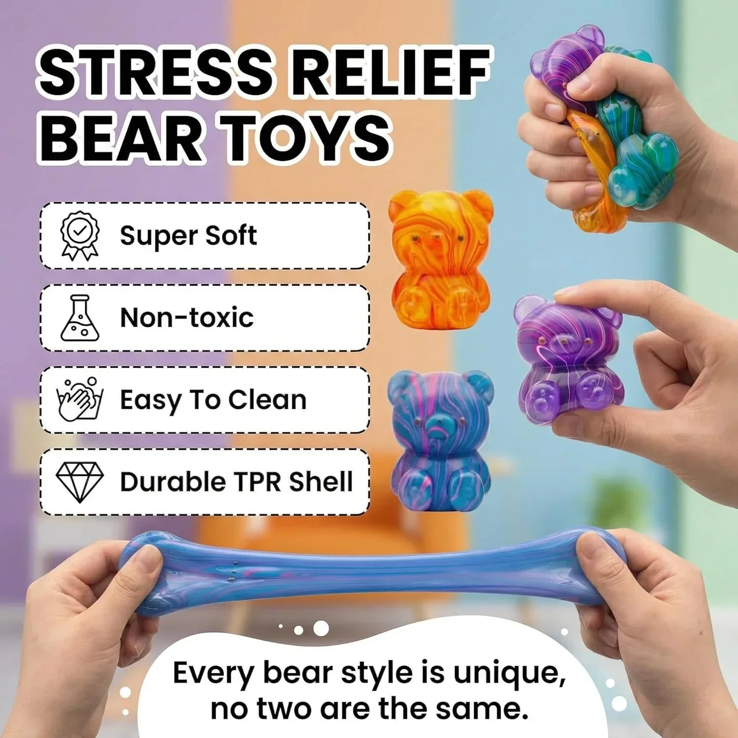 4 Pack Bear Squishy Toys, 3 Inch Durable Slow Rising Stress Relief Sensory Squeeze Toys for Adults and Kids, Birthday Gifts, Party Favors, Classroom Prizes