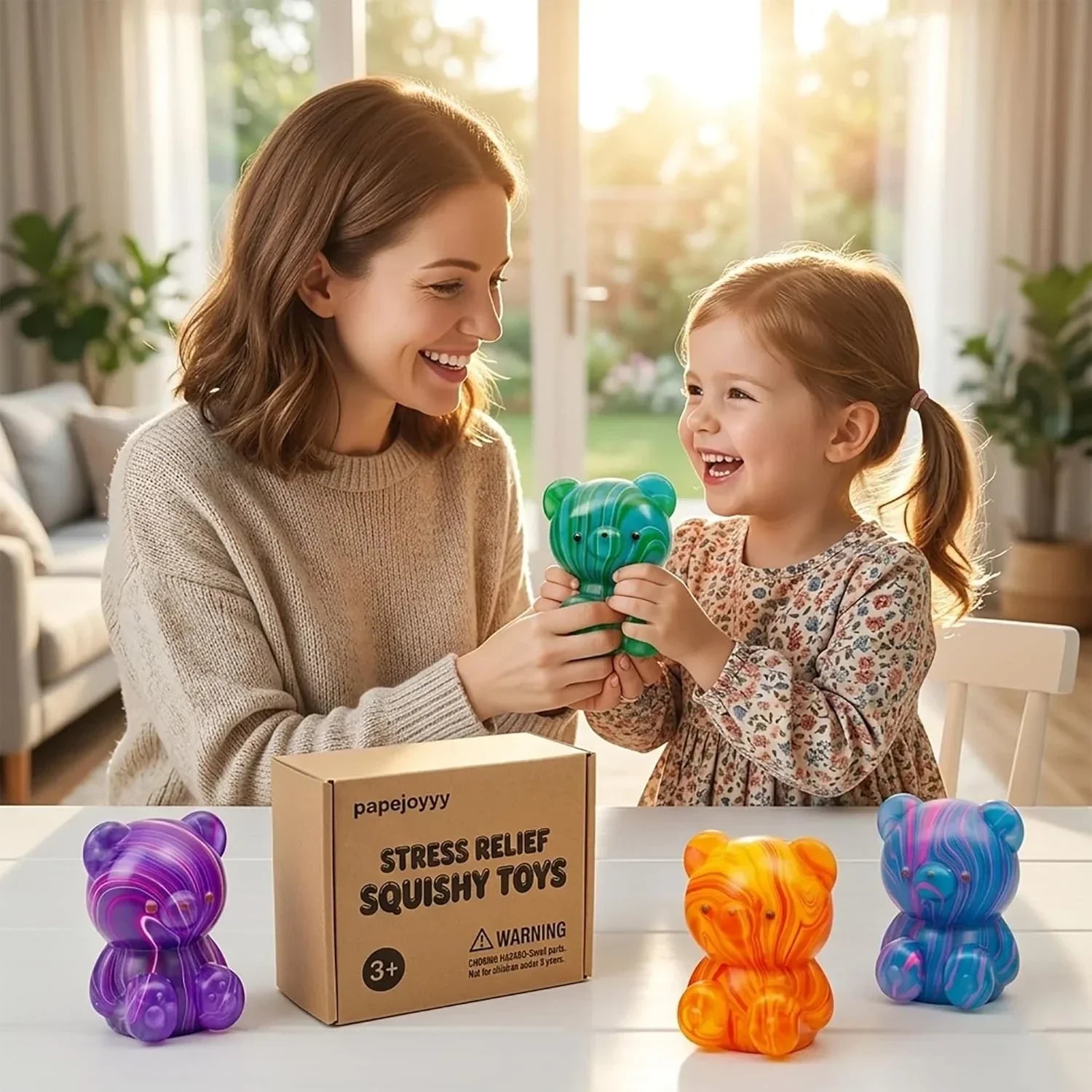 4 Pack Bear Squishy Toys, 3 Inch Durable Slow Rising Stress Relief Sensory Squeeze Toys for Adults and Kids, Birthday Gifts, Party Favors, Classroom Prizes