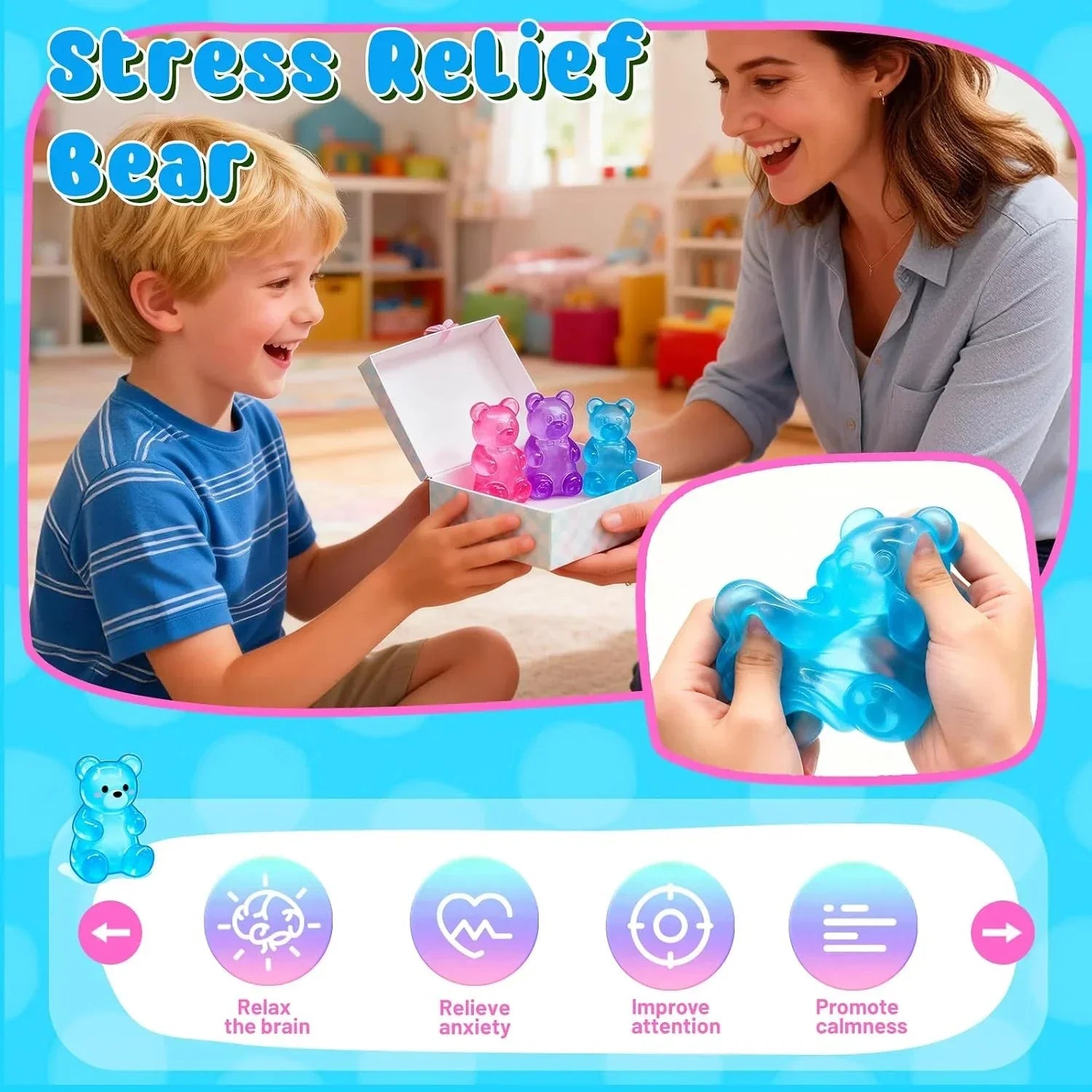 3 Pcs Easter Cute Gummy Bear Stress Relief Stress Ball, Slow Rising Squishy Squeeze Anxiety Relief & Focus Toy, Sensory Fidget Toys for Adults, Teens, Autistic ,ADHD, Classroom Prize，Party Favors