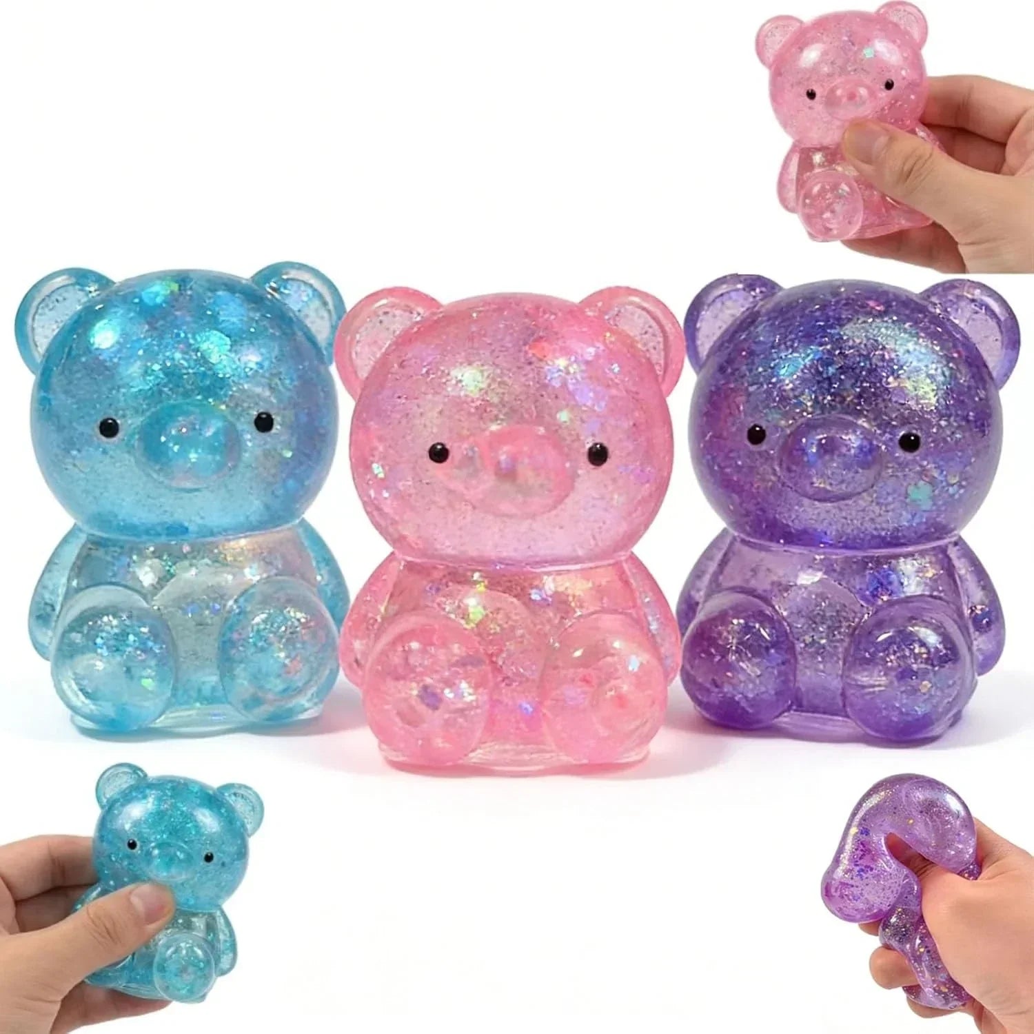 3 Pack Glitter Bear Stress Ball Squishy, Bear Sensory Stress Balls，Stress Relief Toy for Relaxing，Adorable Squishy Bears Stress Toys for Daily Relaxation, for Squishy Lovers