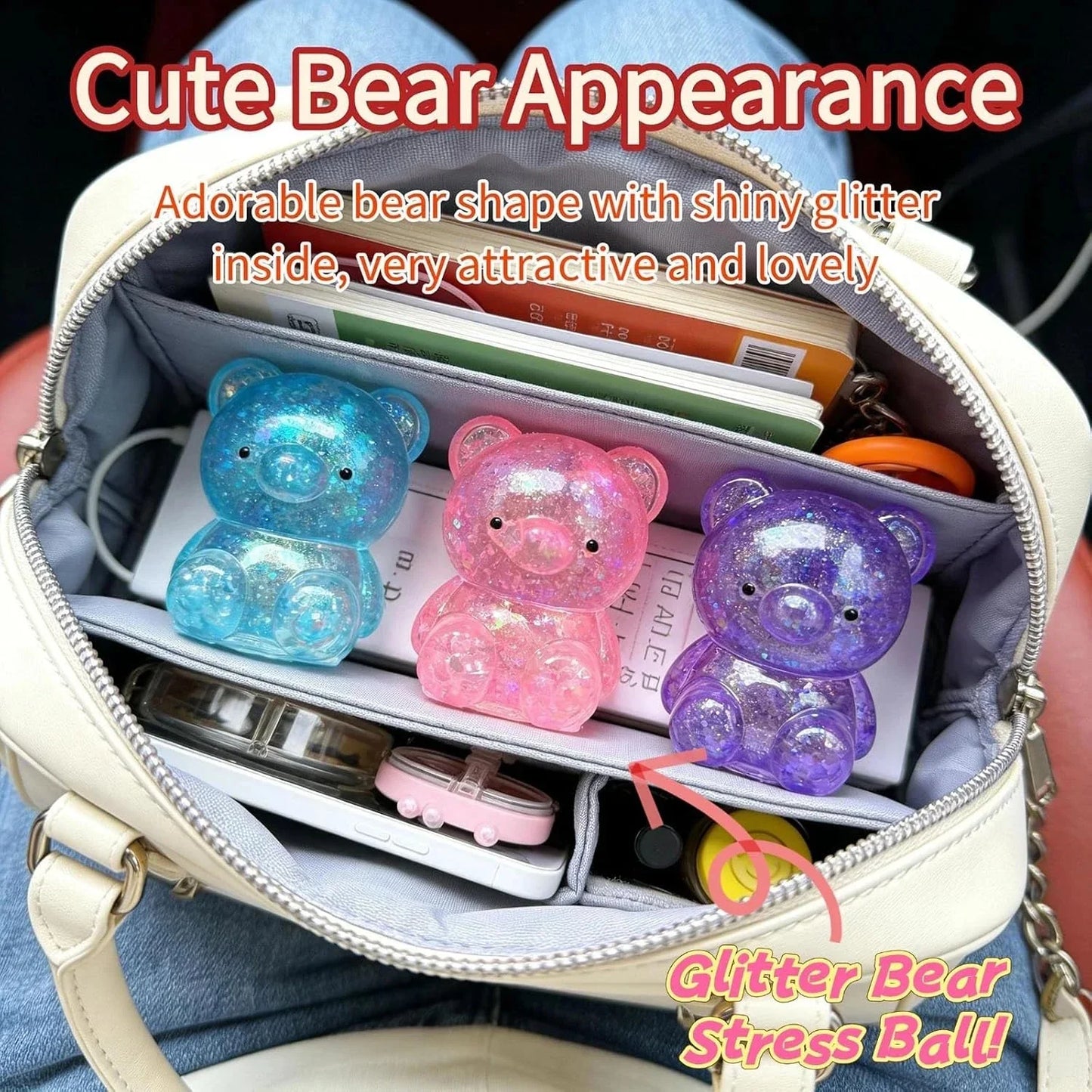 3 Pack Glitter Bear Stress Ball Squishy, Bear Sensory Stress Balls，Stress Relief Toy for Relaxing，Adorable Squishy Bears Stress Toys for Daily Relaxation, for Squishy Lovers