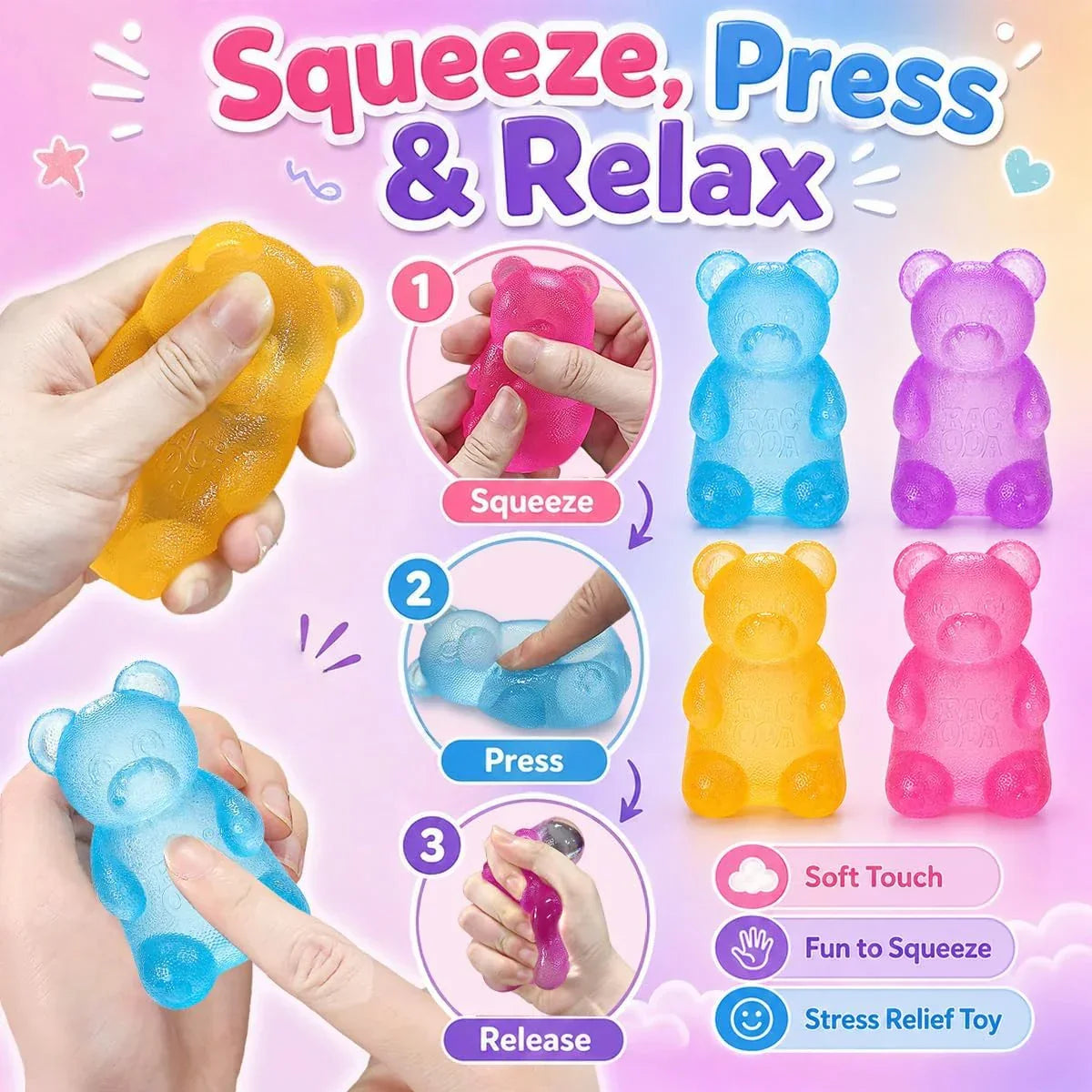 Taba Bear Squishy Fidget Toys,Stress Ball for Anxiety Stress Relief,Squishies Sensory Toy for Adults Kids Teens,Pink Squeeze Toys for Classroom Prize, Birthday Gifts Party Favors