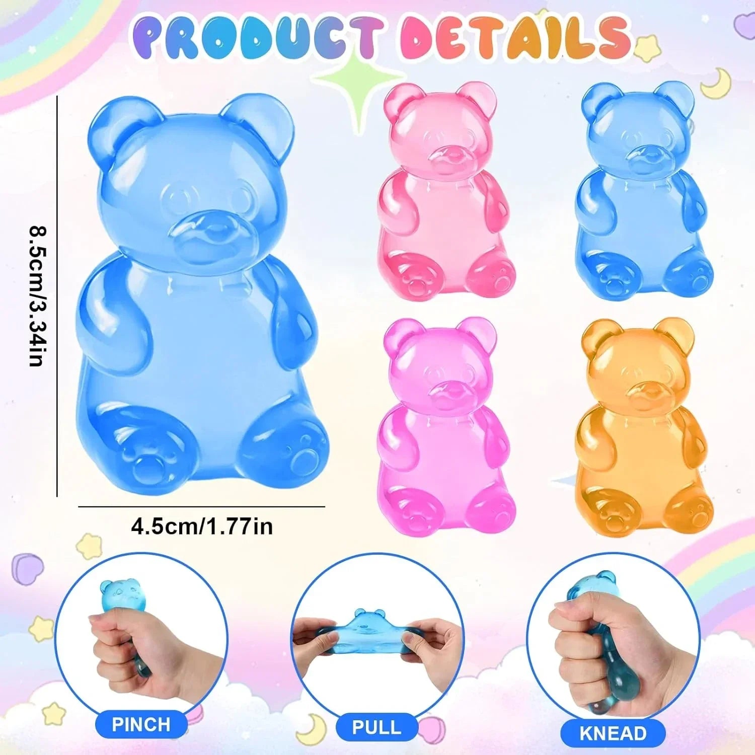 Stress Bear Squishy Balls, Bear Squishy Stress Relief Squeeze Balls, Gummy Bear Squishy for Valentines Day Gifts Birthday Gifts Party Favors (Blue + Pink)