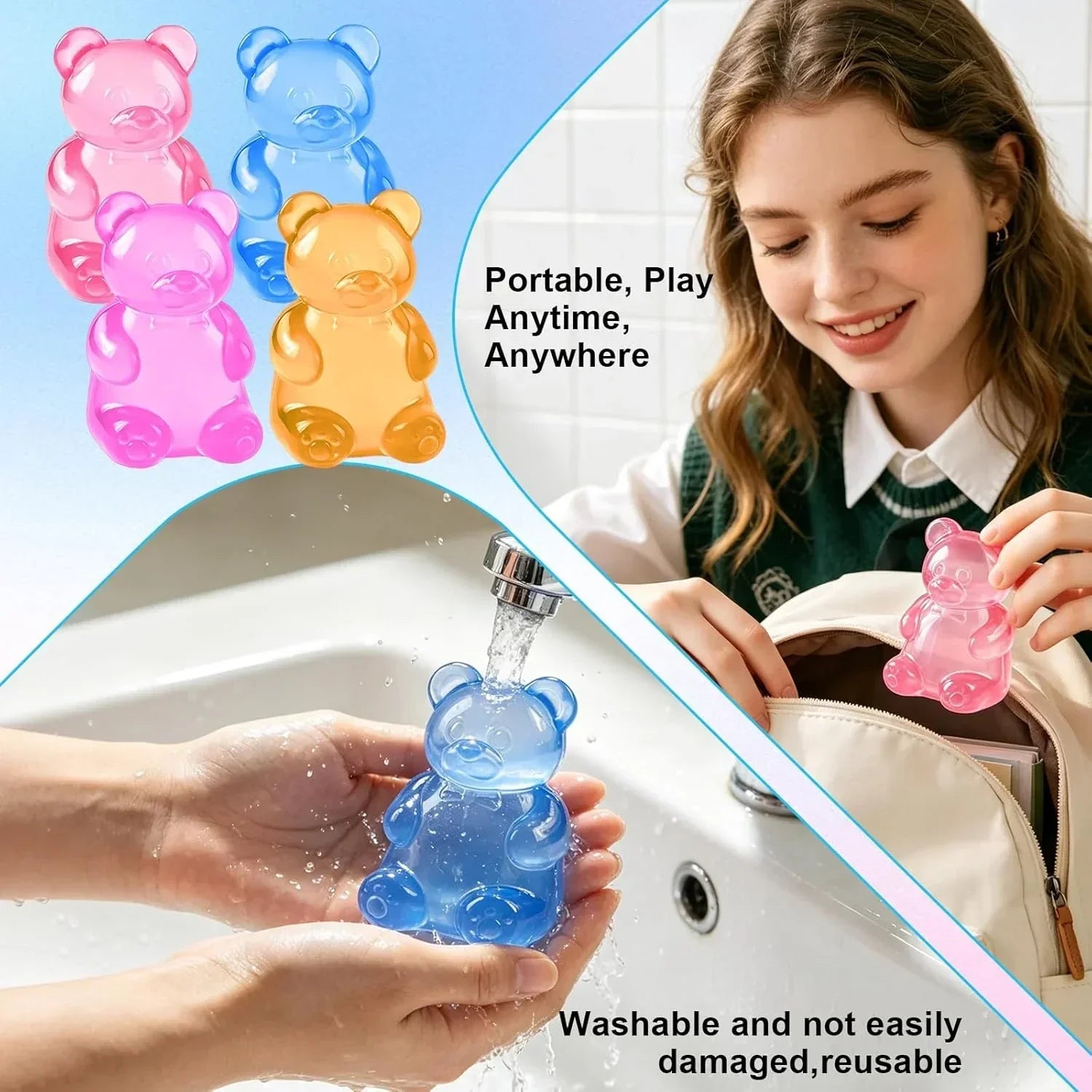 Stress Bear Squishy Balls, Bear Squishy Stress Relief Squeeze Balls, Gummy Bear Squishy for Valentines Day Gifts Birthday Gifts Party Favors (Blue + Pink)