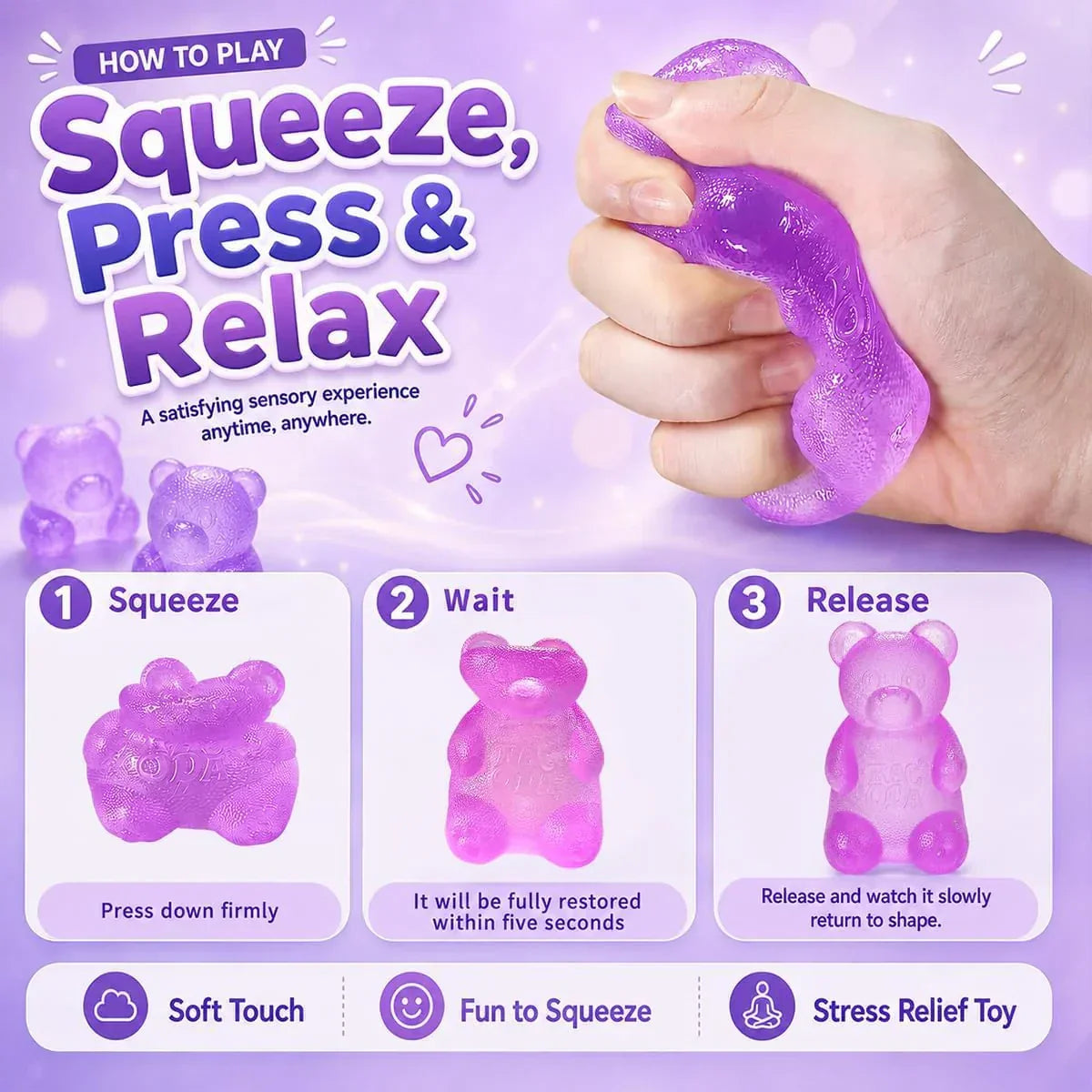 Gummy Bear Squishy, Sensory Fidget Toy Toys for Anxiety Stress Relief,Squishies Sensory Toy for Adults Kids Teens,Purple Stress Ball for Classroom Prize, Birthday Gifts Party Favors