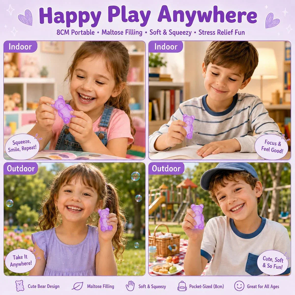 Gummy Bear Squishy, Sensory Fidget Toy Toys for Anxiety Stress Relief,Squishies Sensory Toy for Adults Kids Teens,Purple Stress Ball for Classroom Prize, Birthday Gifts Party Favors
