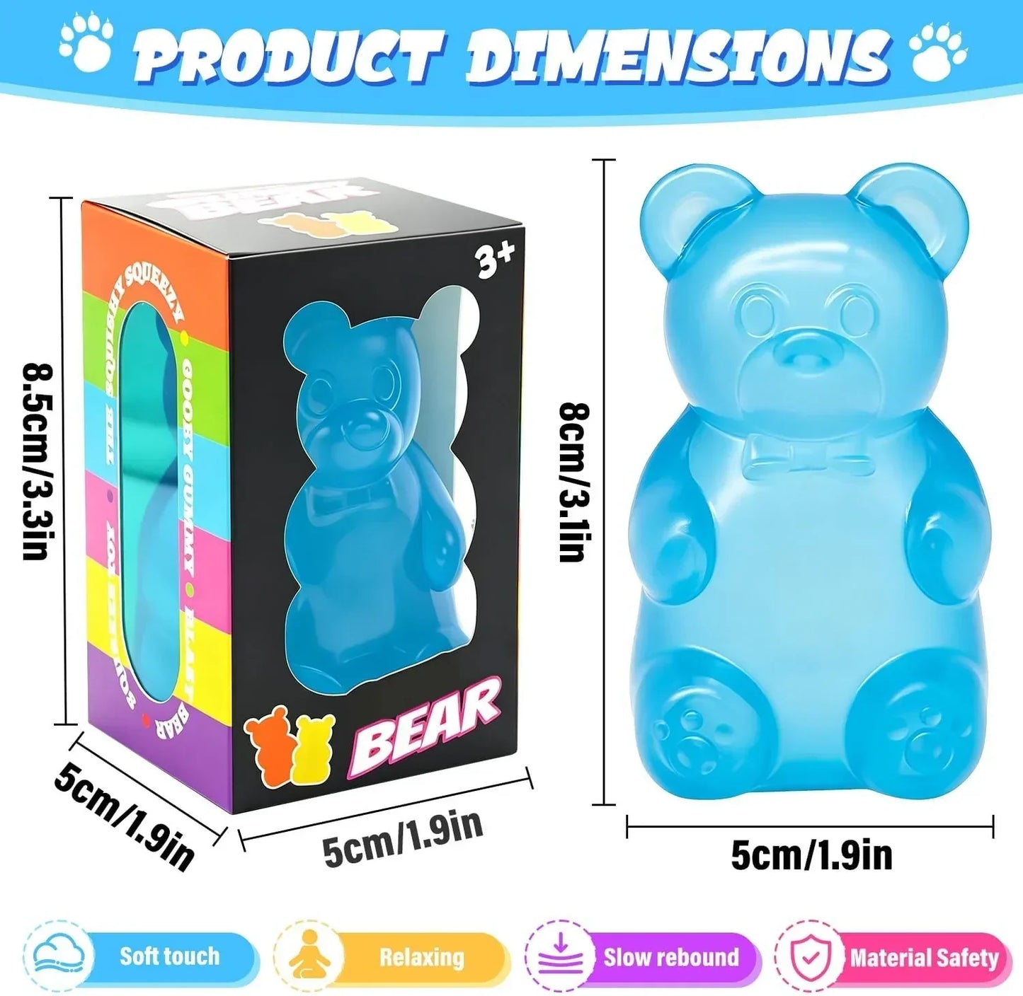 Bear Squishy Toy, Slow Rising Stress Relief Sugar Squeeze Toys for Kids & Adults, High Density Sensory Stress Balls, Stocking Stuffers, Birthday Party Favors, Anxiety Relief Toys for Boys Girls (Blue)