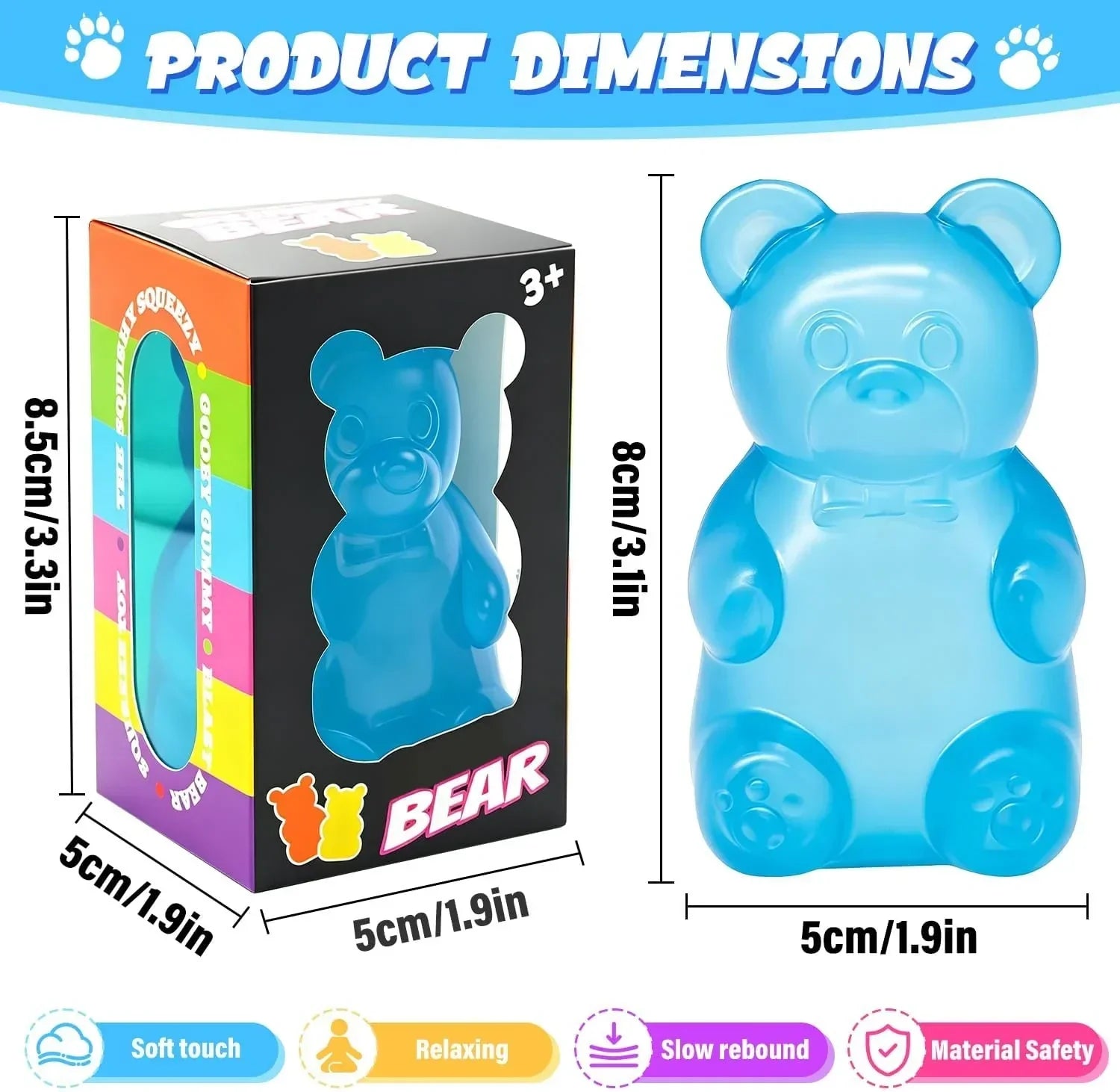 Bear Squishy Toy, Slow Rising Stress Relief Sugar Squeeze Toys for Kids & Adults, High Density Sensory Stress Balls, Stocking Stuffers, Birthday Party Favors, Anxiety Relief Toys for Boys Girls (Blue)
