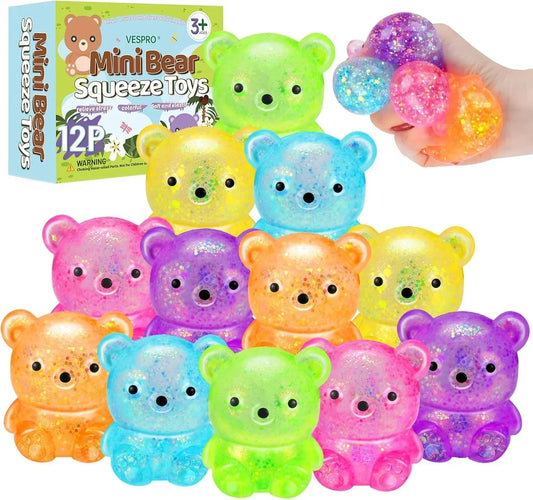 12Pack Fidget Toys Squishy ，Cute Bear Squeeze Ball , Bulk Squishy Fidget Squeeze Play Toys，Pull Stretch Classroom Prize Party Favors Toys for Kids