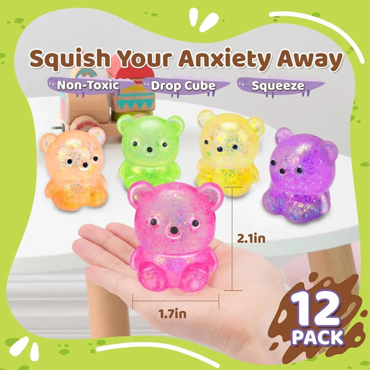 12Pack Fidget Toys Squishy ，Cute Bear Squeeze Ball , Bulk Squishy Fidget Squeeze Play Toys，Pull Stretch Classroom Prize Party Favors Toys for Kids