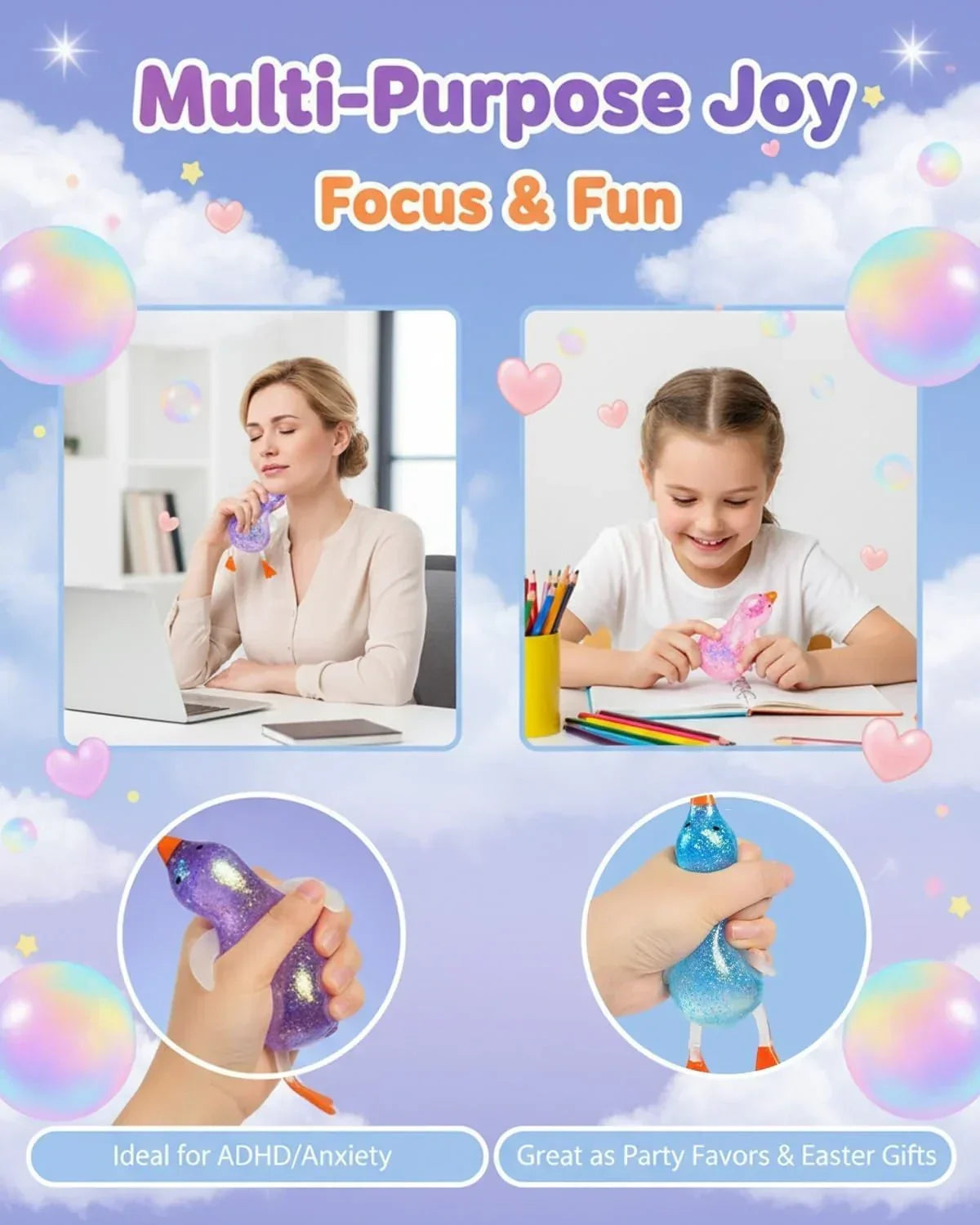 Cute Duck Sugar Squishy Stress Ball, Ultra Soft Slow Rise Sensory Fidget Toy, Stretchy Anxiety Relief Squeeze Ball for Adults, Moldable Decompression Dough Stress Balls, Easter Gift(Yellow)