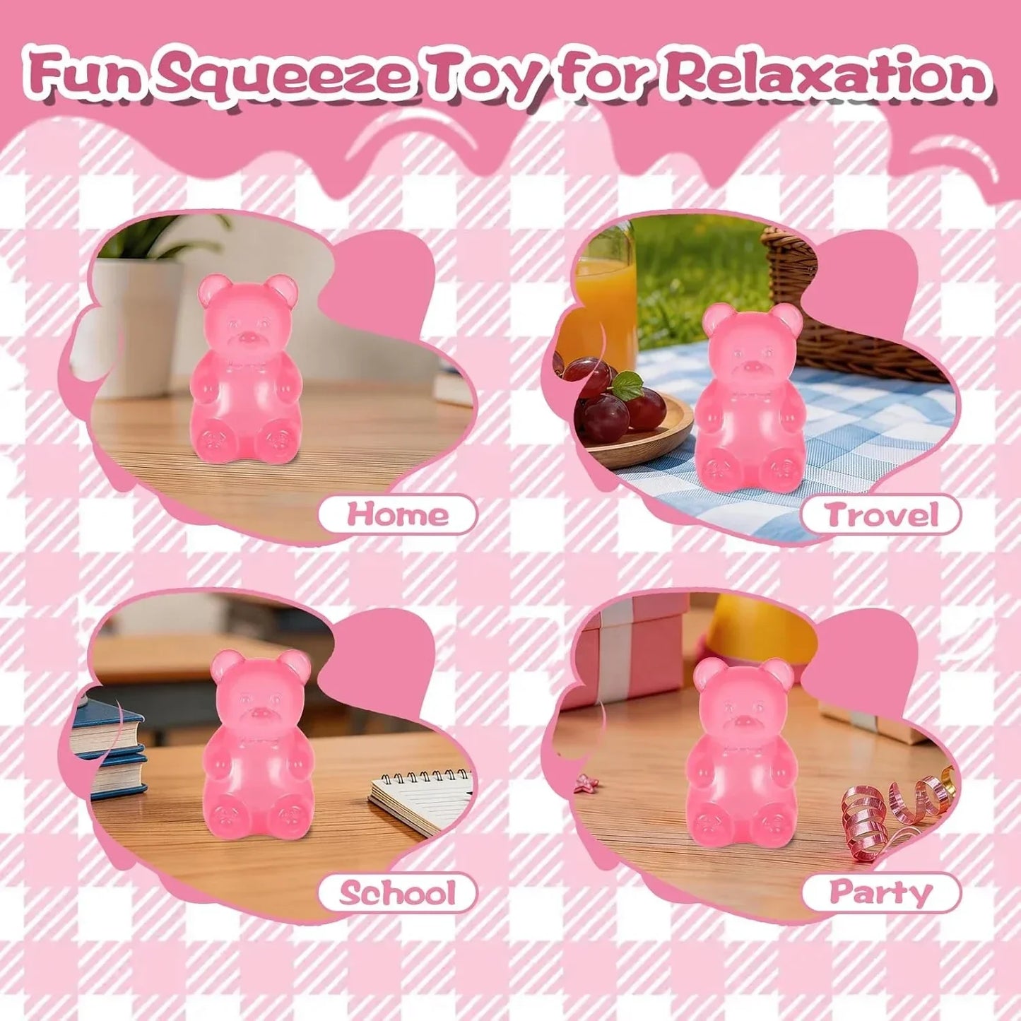 Bear Squishy Toy for Kids Ages 3+ & Adults, Slow Rising Gummy Bear Squeeze Toy, Soft High-Density Foam Sensory Bear for Desk, Classroom, Home & Office(Pink)