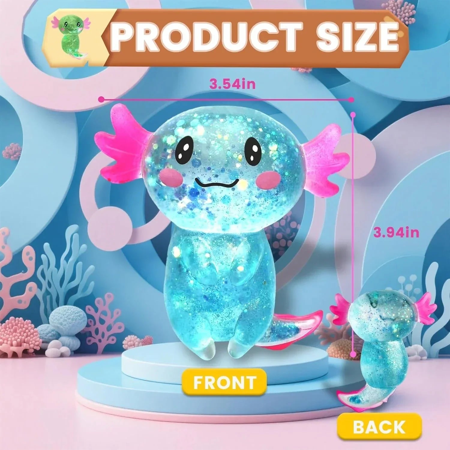 Axolotl Squishy Stress Relief Toy Glitter Fidget Toys Cute Malt Sugar Axolotl Toy Fidget Toys for Kids Youth Adult, Party Favors Anxiety Relief Squishy Toys(Blue)