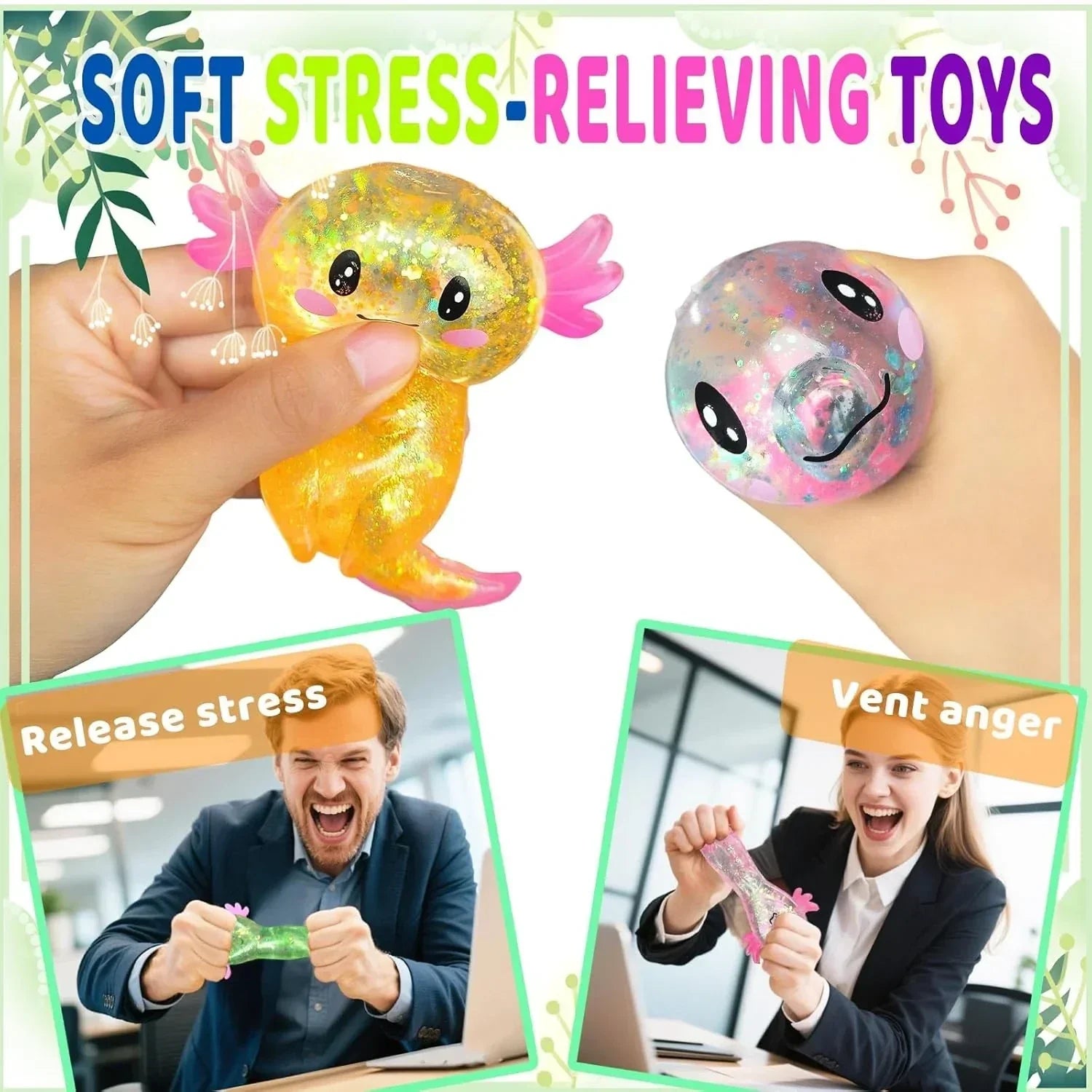 Axolotl Squishy Stress Relief Toy Glitter Fidget Toys Cute Malt Sugar Axolotl Toy Fidget Toys for Kids Youth Adult, Party Favors Anxiety Relief Squishy Toys(Blue)