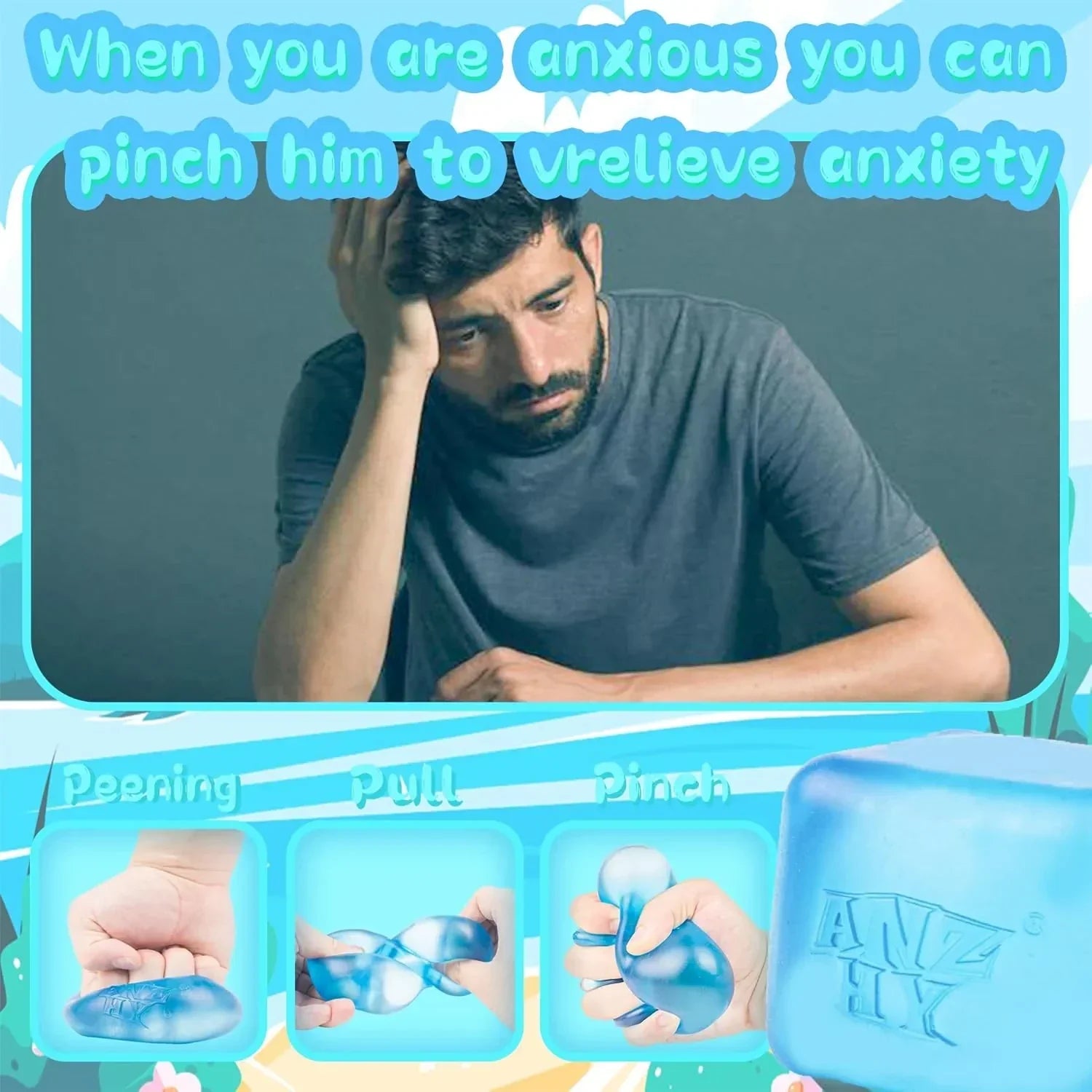 Stress Sugar Ball Cube- Squishy Fidget Toys Stress Cube for Anxiety Stress Relief,High Density Gel Filled, Calming Toys for Kids Adults (Blue Cube)
