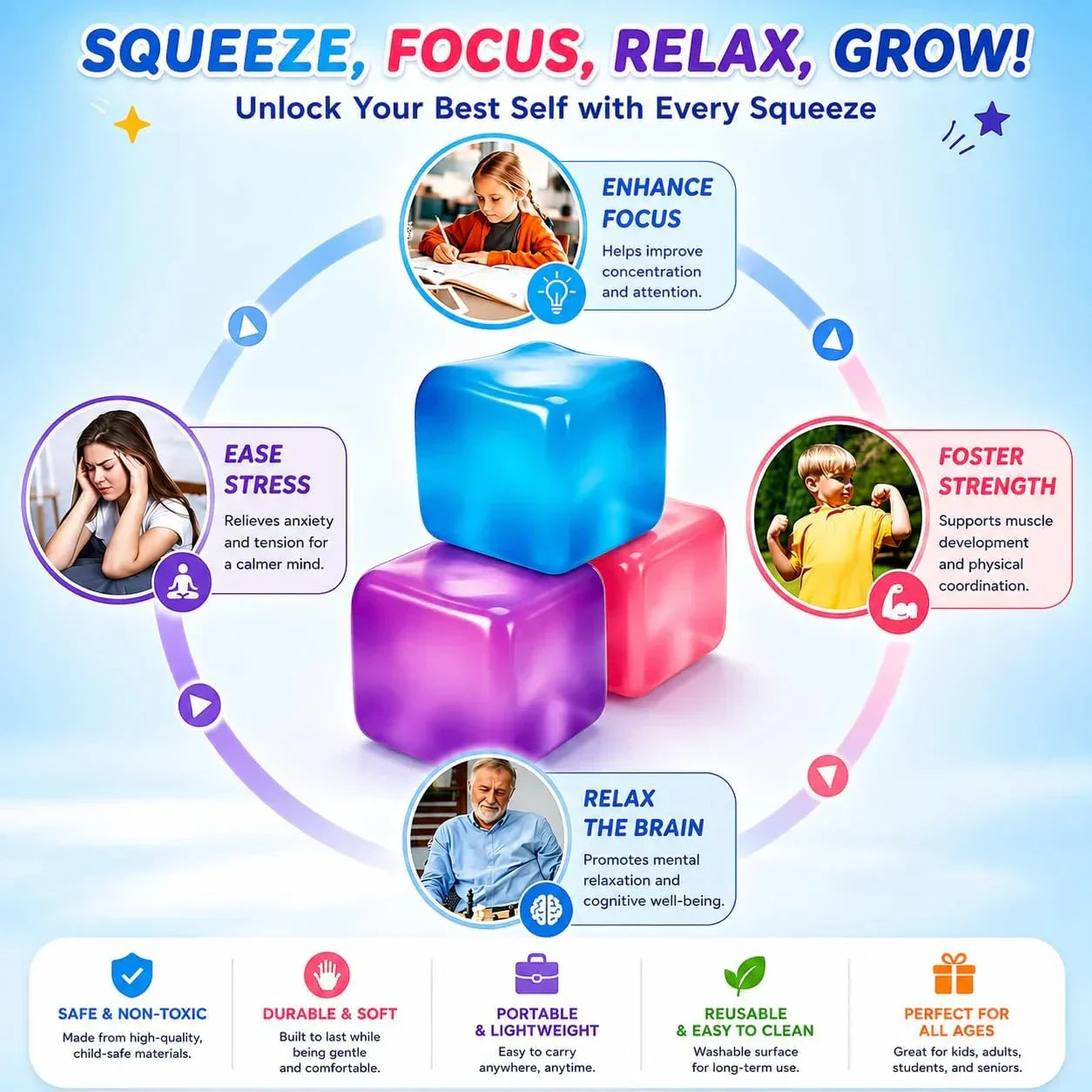 Premium Big Block Cube – Sensory Toy with a Super Solid Squish Nice Square Shape Anxiety Sensory Squishy Fidget Toy Ice Cube Slow Rise (Blue)