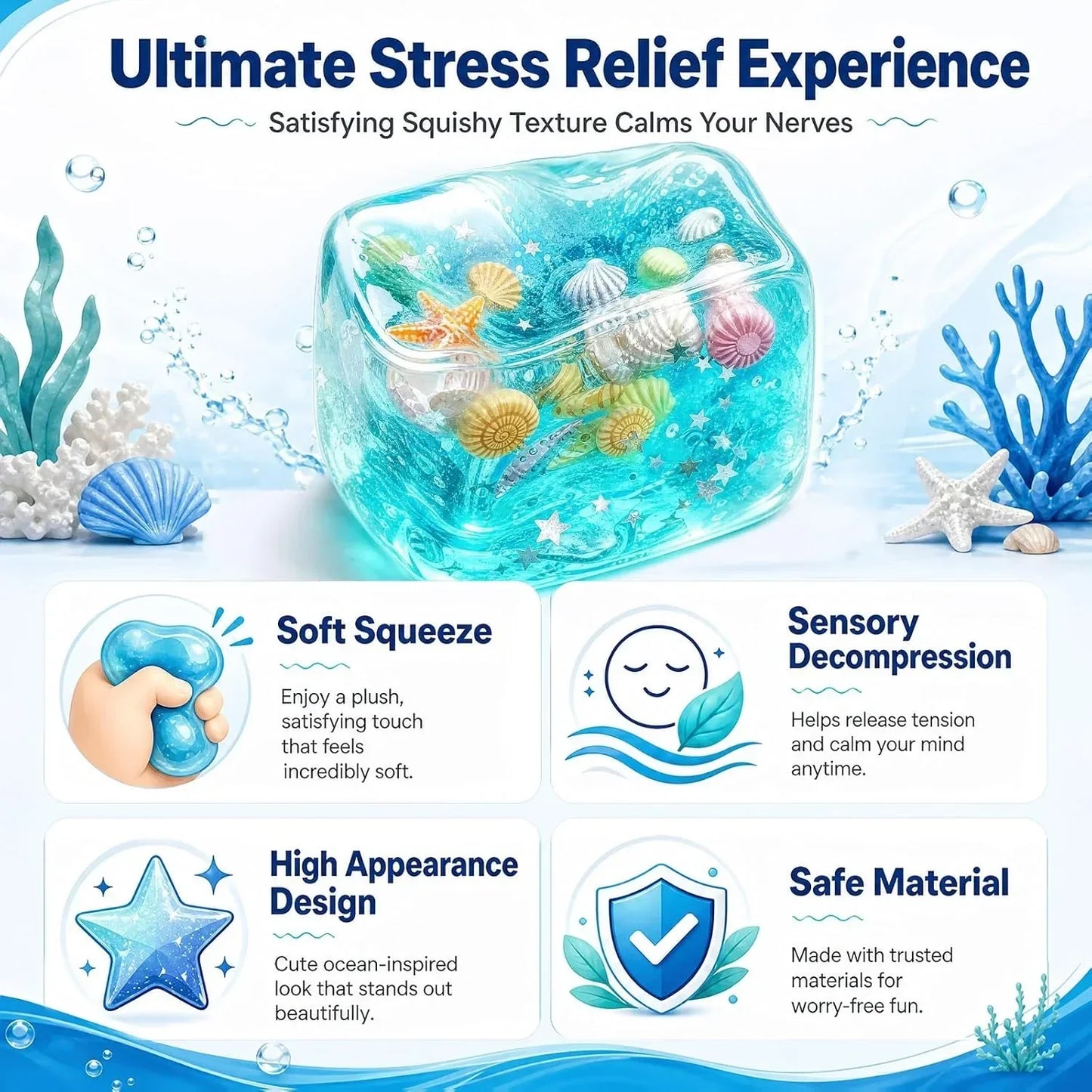 Nice Cube Squishy Fidget Toys,Large 2" Wide,Ocean-Themed Slow Rising Stress Ice Cube,Sensory Squeeze Toys for Anxiety Stress Relief