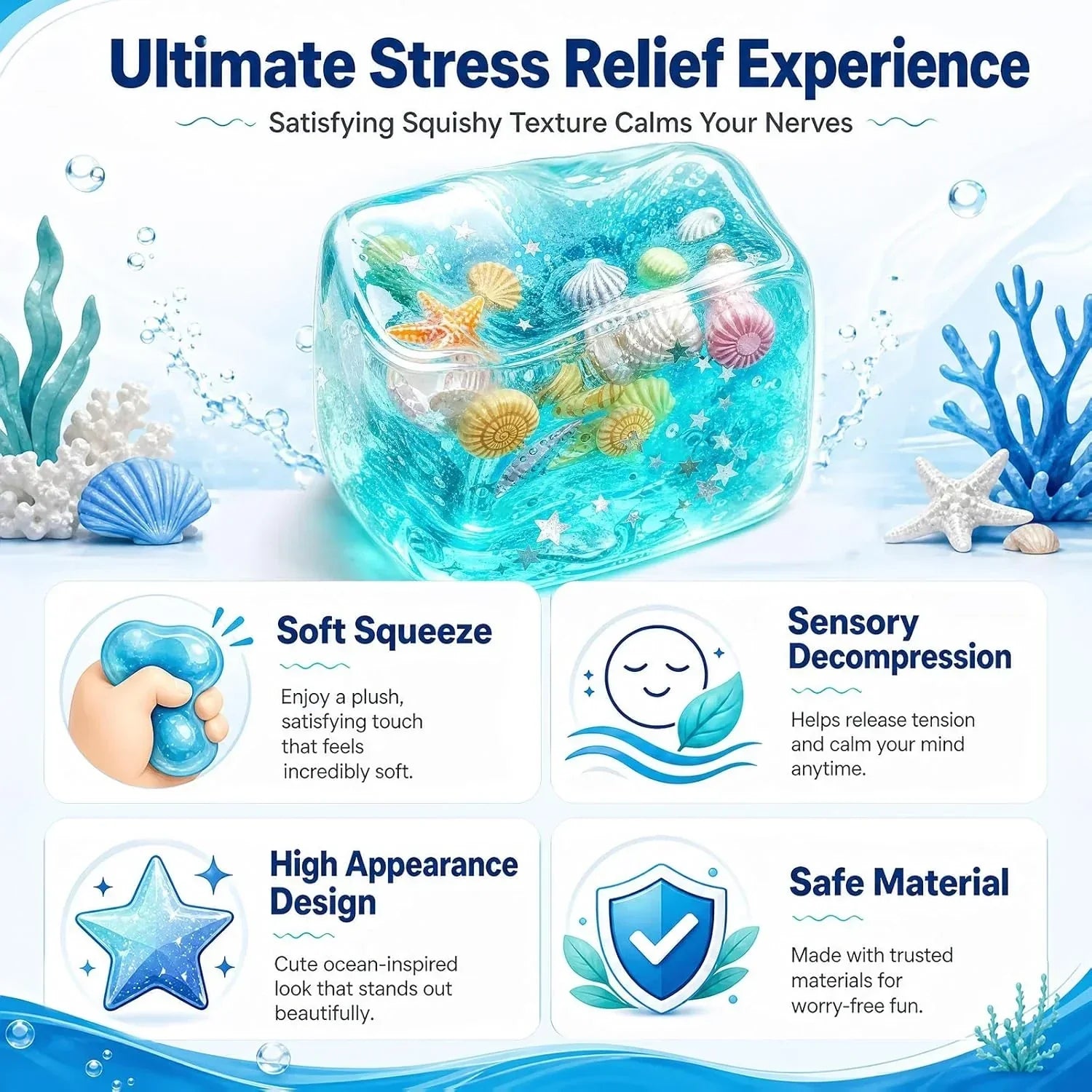 Nice Cube Squishy Fidget Toys,Large 2" Wide,Ocean-Themed Slow Rising Stress Ice Cube,Sensory Squeeze Toys for Anxiety Stress Relief