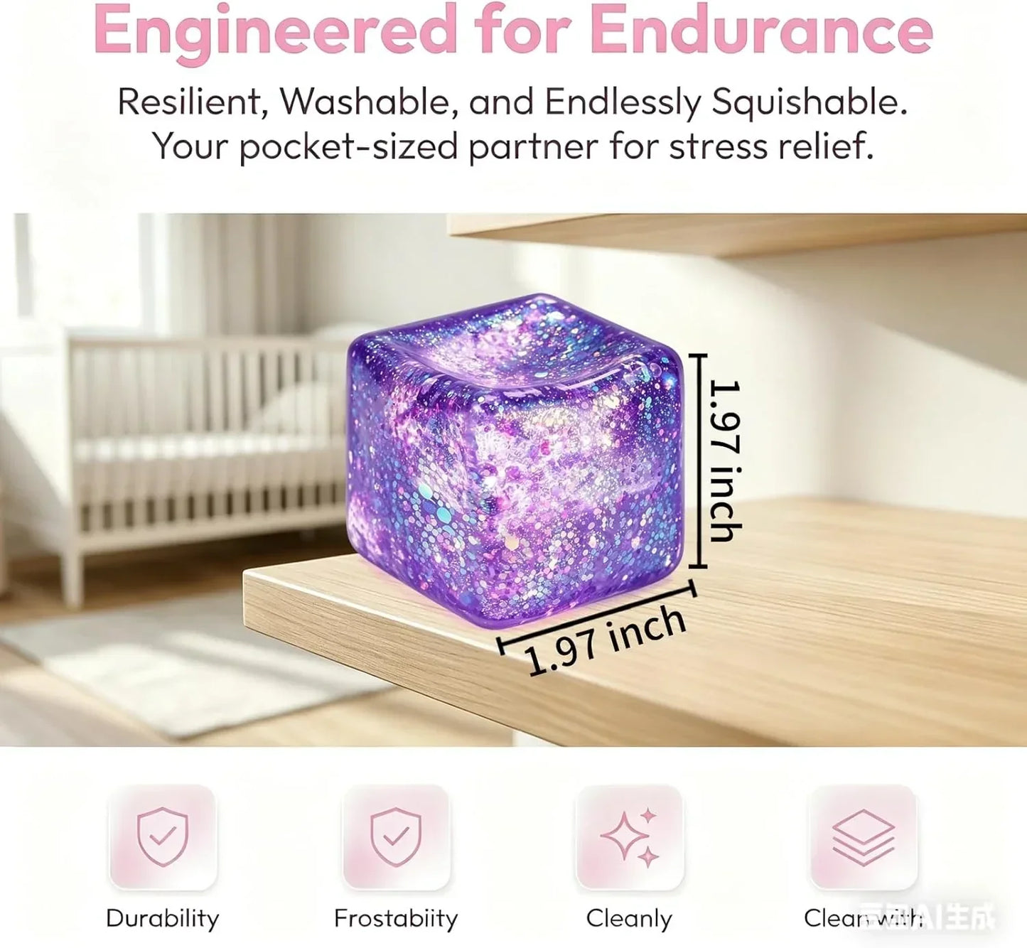 Glitter Ice Cube Squishy Fidget Toys, Squishy Cube Stress Balls for Adults & Kids, Slow Rising Stress Relief Toys, Squeeze Ball Filled with Thick Substance and Glitter (Purple)