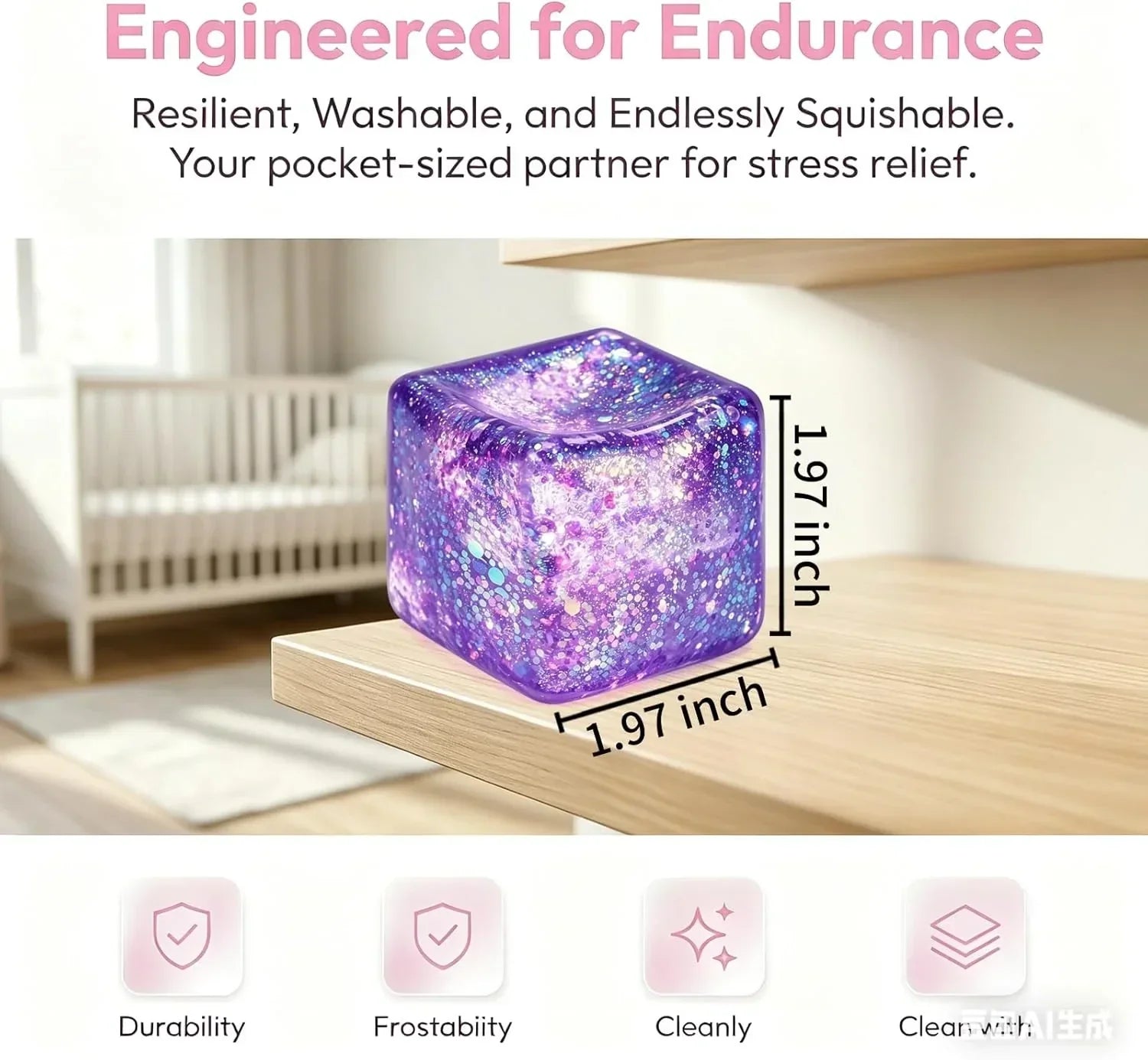 Glitter Ice Cube Squishy Fidget Toys, Squishy Cube Stress Balls for Adults & Kids, Slow Rising Stress Relief Toys, Squeeze Ball Filled with Thick Substance and Glitter (Purple)