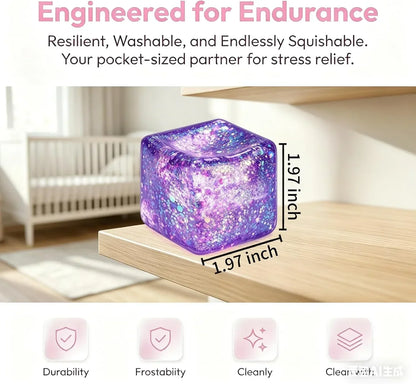 Glitter Ice Cube Squishy Fidget Toys, Squishy Cube Stress Balls for Adults & Kids, Slow Rising Stress Relief Toys, Squeeze Ball Filled with Thick Substance and Glitter (Purple)