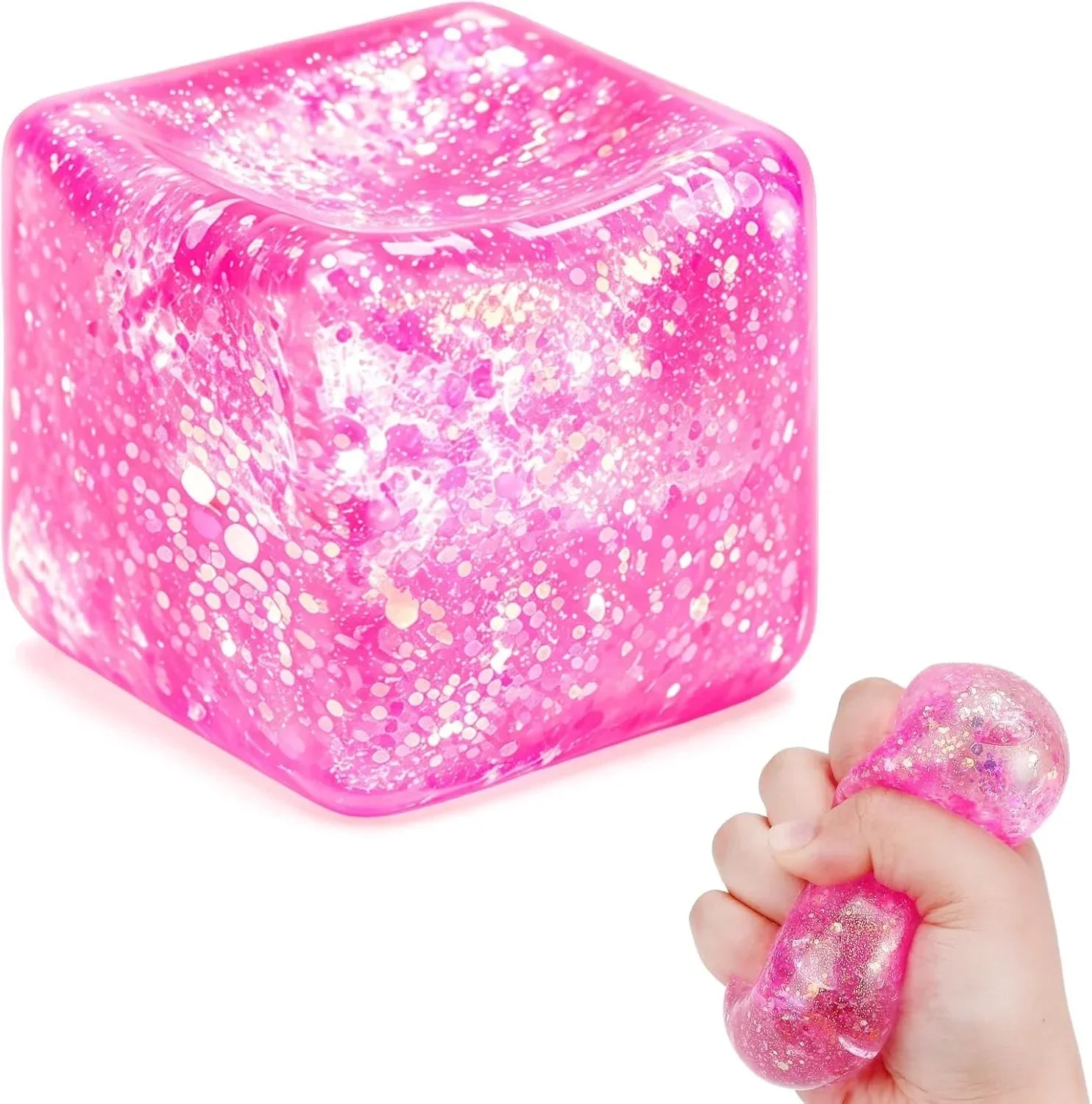 Glitter Ice Cube Squishy Fidget Toys, Squishy Cube Stress Balls for Adults & Kids, Slow Rising Stress Relief Toys, Squeeze Ball Filled with Thick Substance and Glitter (Pink)
