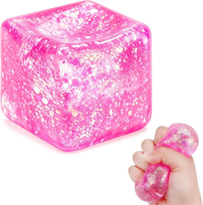 Glitter Ice Cube Squishy Fidget Toys, Squishy Cube Stress Balls for Adults & Kids, Slow Rising Stress Relief Toys, Squeeze Ball Filled with Thick Substance and Glitter (Pink)