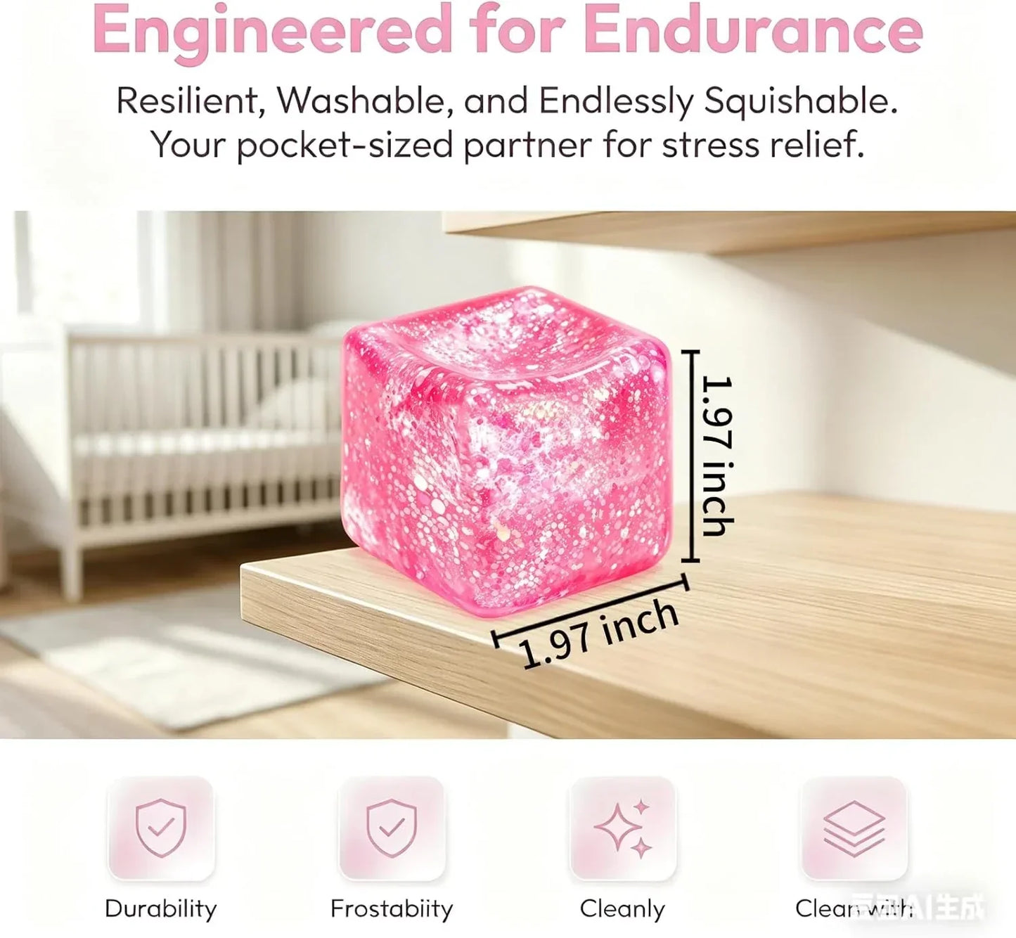 Glitter Ice Cube Squishy Fidget Toys, Squishy Cube Stress Balls for Adults & Kids, Slow Rising Stress Relief Toys, Squeeze Ball Filled with Thick Substance and Glitter (Pink)