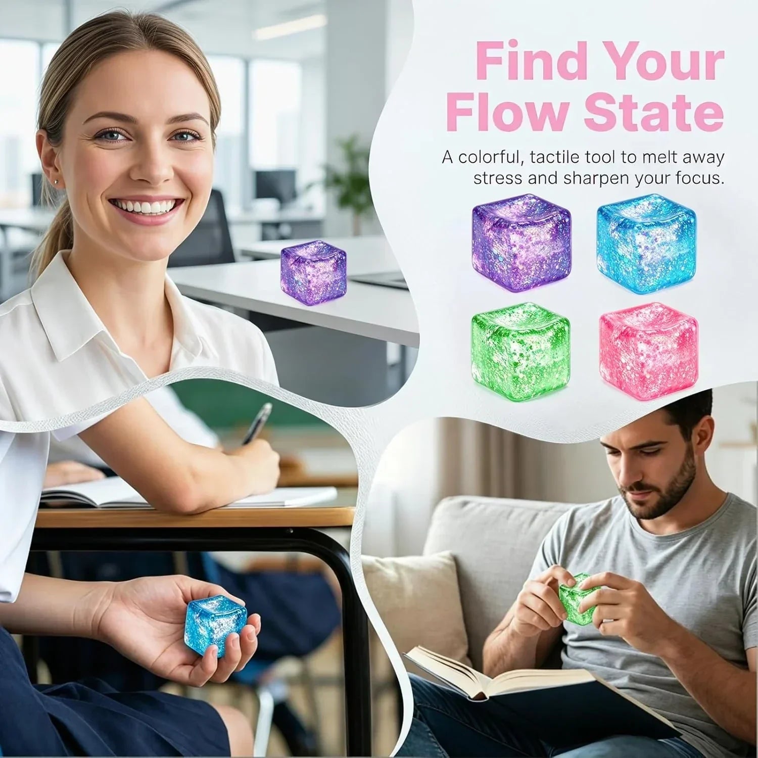 Glitter Ice Cube Squishy Fidget Toys, Squishy Cube Stress Balls for Adults & Kids, Slow Rising Stress Relief Toys, Squeeze Ball Filled with Thick Substance and Glitter (Pink)