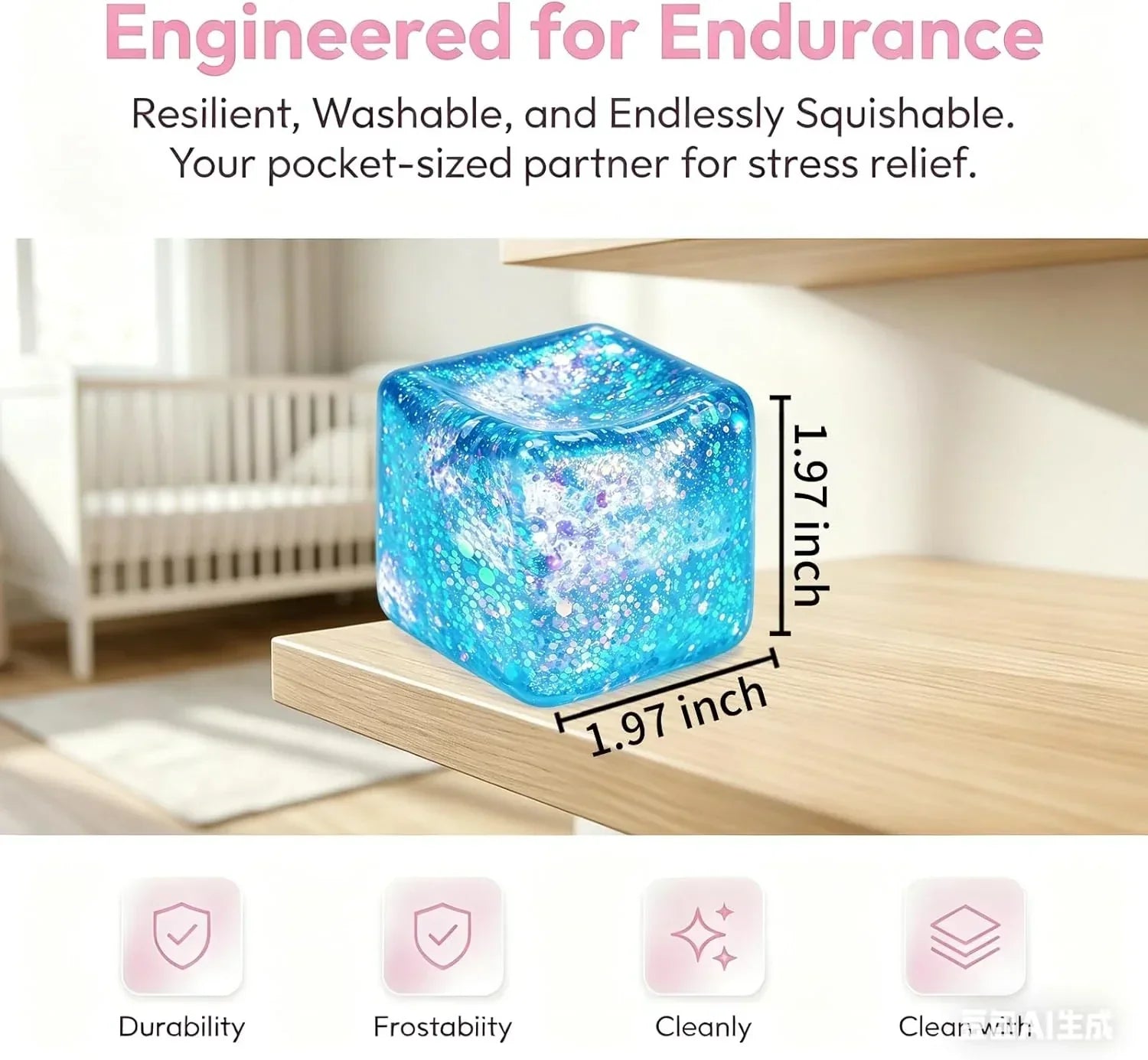 Glitter Ice Cube Squishy Fidget Toys, Squishy Cube Stress Balls for Adults & Kids, Slow Rising Stress Relief Toys, Squeeze Ball Filled with Thick Substance and Glitter (Blue)