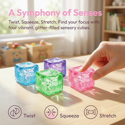 Glitter Ice Cube Squishy Fidget Toys, Squishy Cube Stress Balls for Adults & Kids, Slow Rising Stress Relief Toys, Squeeze Ball Filled with Thick Substance and Glitter (Blue)