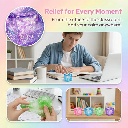 Glitter Ice Cube Squishy Fidget Toys, Squishy Cube Stress Balls for Adults & Kids, Slow Rising Stress Relief Toys, Squeeze Ball Filled with Thick Substance and Glitter (Blue)