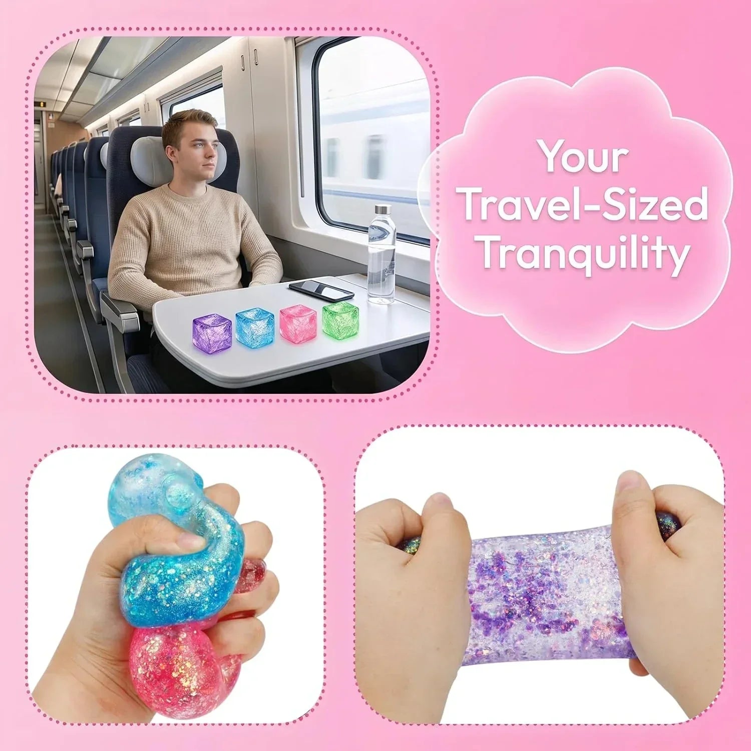 Glitter Ice Cube Squishy Fidget Toys, Squishy Cube Stress Balls for Adults & Kids, Slow Rising Stress Relief Toys, Squeeze Ball Filled with Thick Substance and Glitter (Blue)