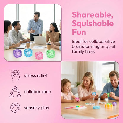 Glitter Ice Cube Squishy Fidget Toys, Squishy Cube Stress Balls for Adults & Kids, Slow Rising Stress Relief Toys, Squeeze Ball Filled with Thick Substance and Glitter (Blue)
