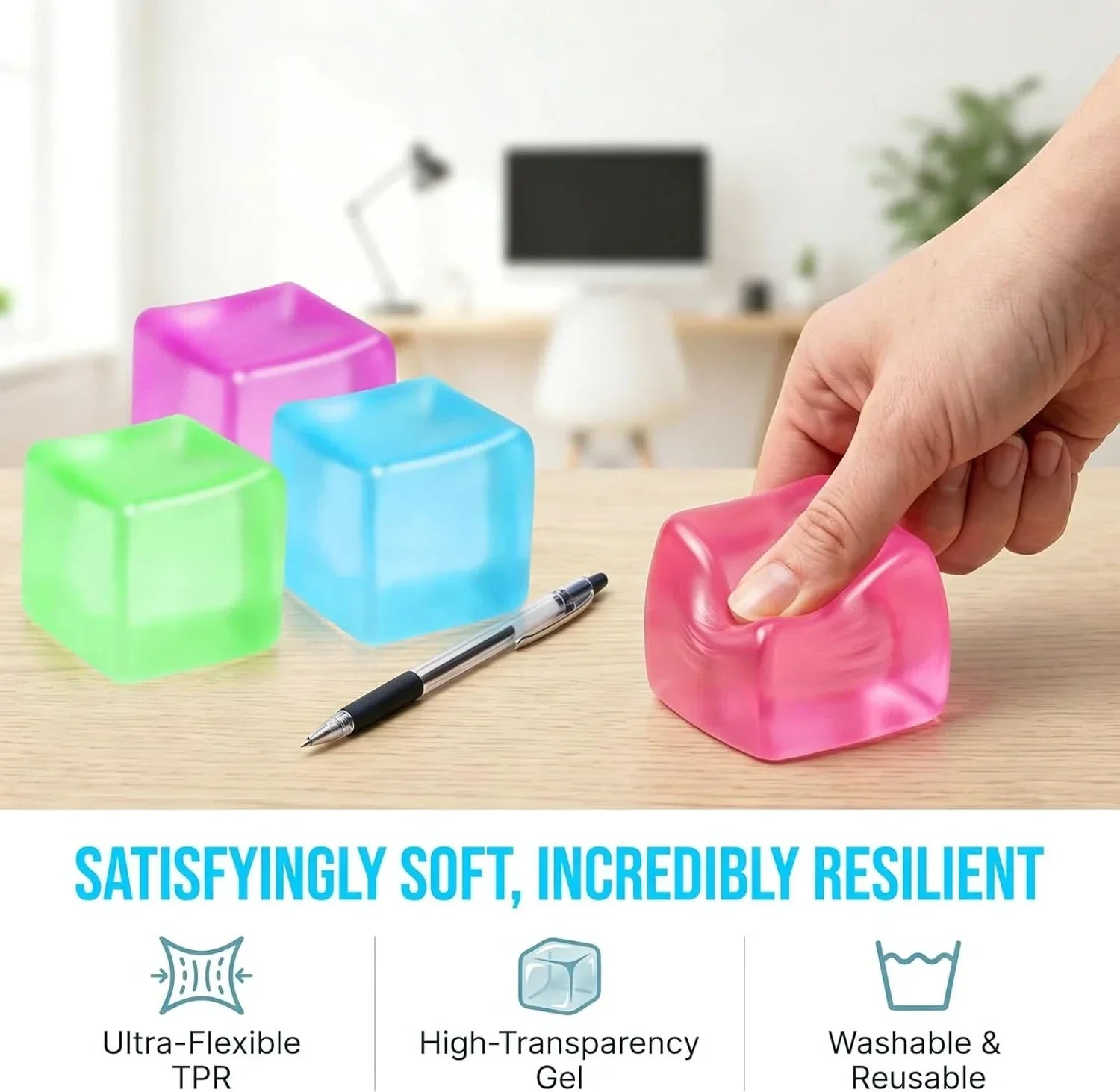 Squishy Ice Cube Stress Balls, Slow Rising Stress Relief Toy, Squeeze Ball Fidget Toys for Adults Teens Boys Girls, Sensory Toys for Kids with Autism, Party Favors Gifts (Blue)