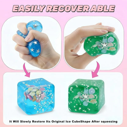 Ice Cube Cube Fidget Toys - Sensory Toys for Kids with Real Sea Shells, Squishy Fidget Toy for Kids & Adults | Non-Toxic Squeeze Ball for Anxiety, Focus & Calm for School, Office