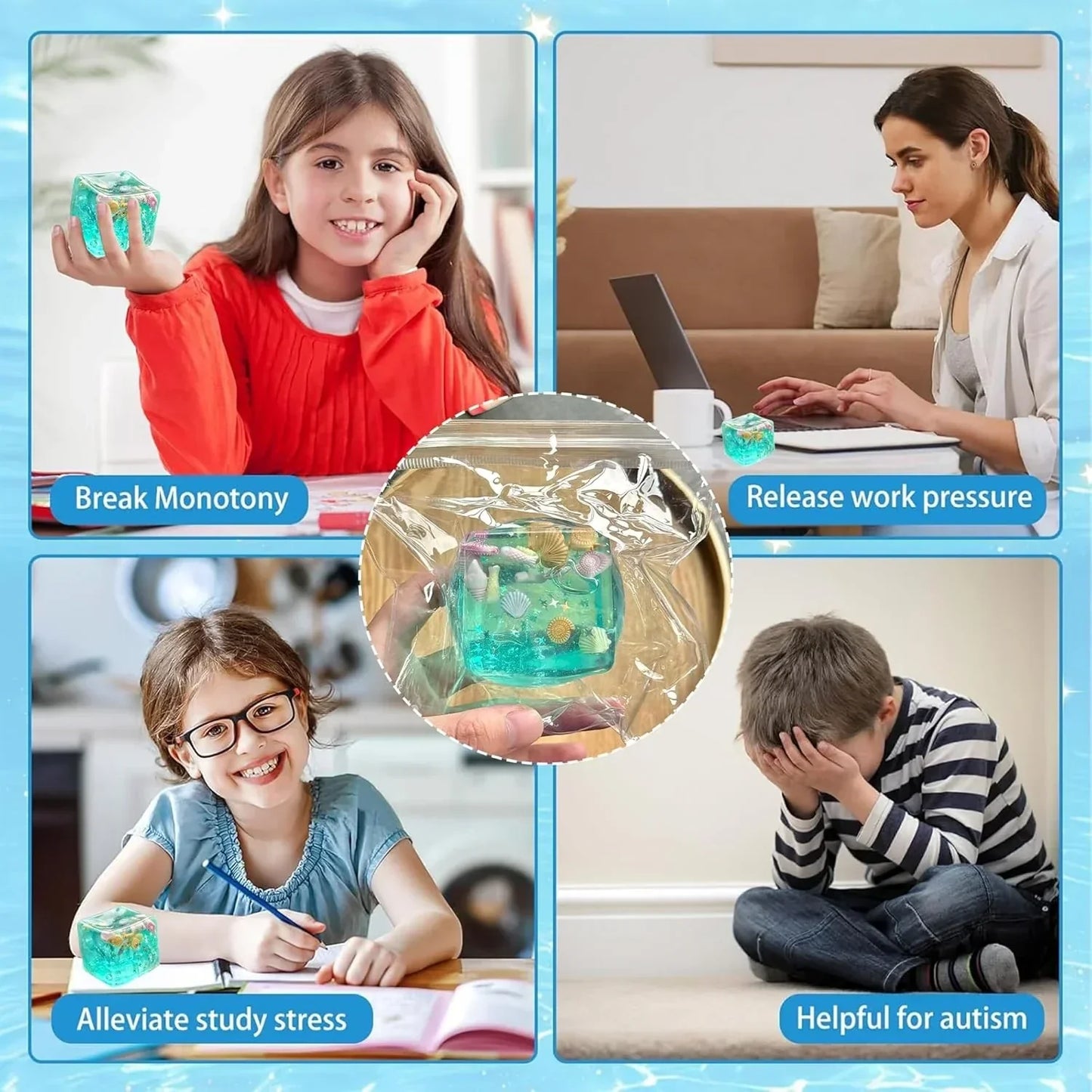 Ice Cube Cube Fidget Toys - Sensory Toys for Kids with Real Sea Shells, Squishy Fidget Toy for Kids & Adults | Non-Toxic Squeeze Ball for Anxiety, Focus & Calm for School, Office