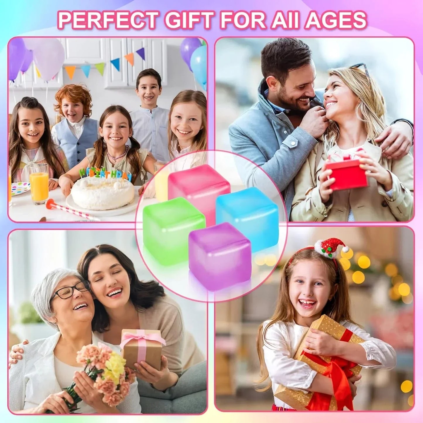 4 Pack Stress Cube Sensory Fidget Toys for Anxiety Stress Relief, Slow Rising Fidget Cube Squeeze Toys, Squishy Cube Filled with Thick Substance, Ice Cube Stress Balls for Adults Kids