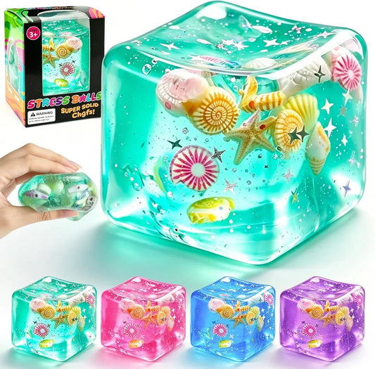 1Pc Ice Cube Squishy Stress Balls,Slow Rising Sensory Fidget Toy with Marine Shells Inside Square Soft Sensory Anxiety Relief Squeeze Cube for Adults Teens Kids(Green)