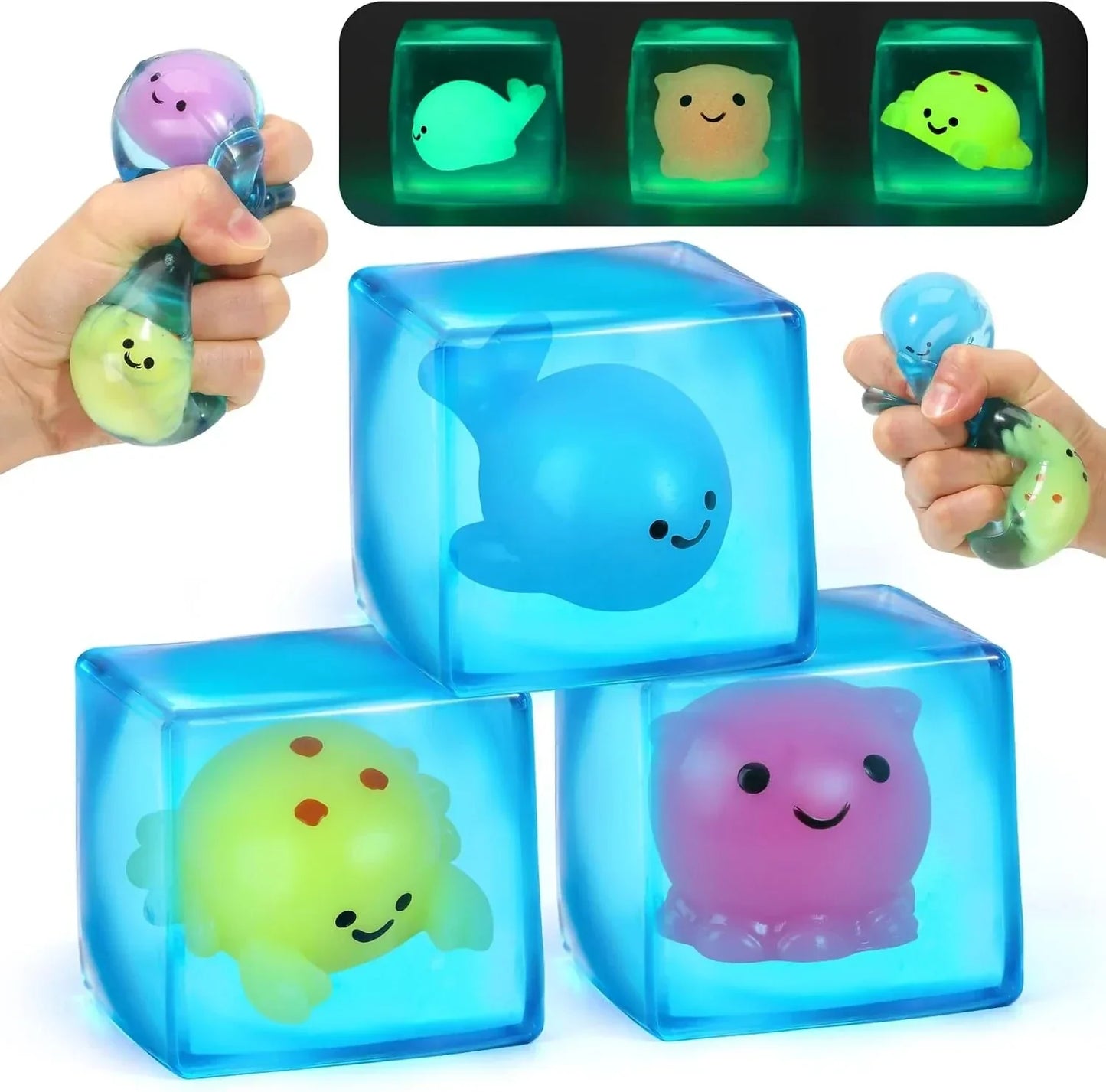 Squishy Fidget Toys Stress Cube, 3 Pack Mini Glow in The Dark Ice Cube, High Density Malt Sugar Filled Squeeze Square for Kids Adults, Quiet Fidgets for Classroom Student, Anxiety Relief Item