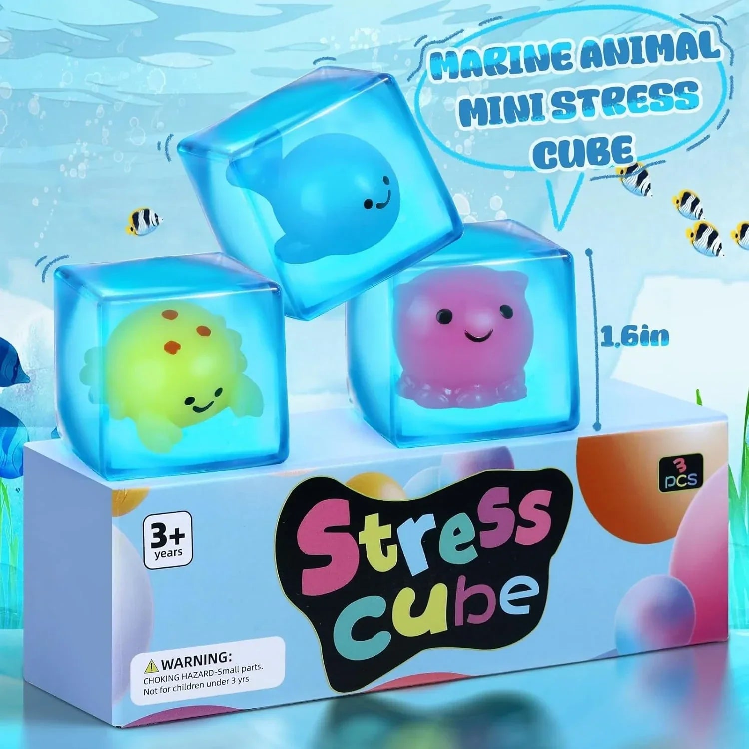 Squishy Fidget Toys Stress Cube, 3 Pack Mini Glow in The Dark Ice Cube, High Density Malt Sugar Filled Squeeze Square for Kids Adults, Quiet Fidgets for Classroom Student, Anxiety Relief Item
