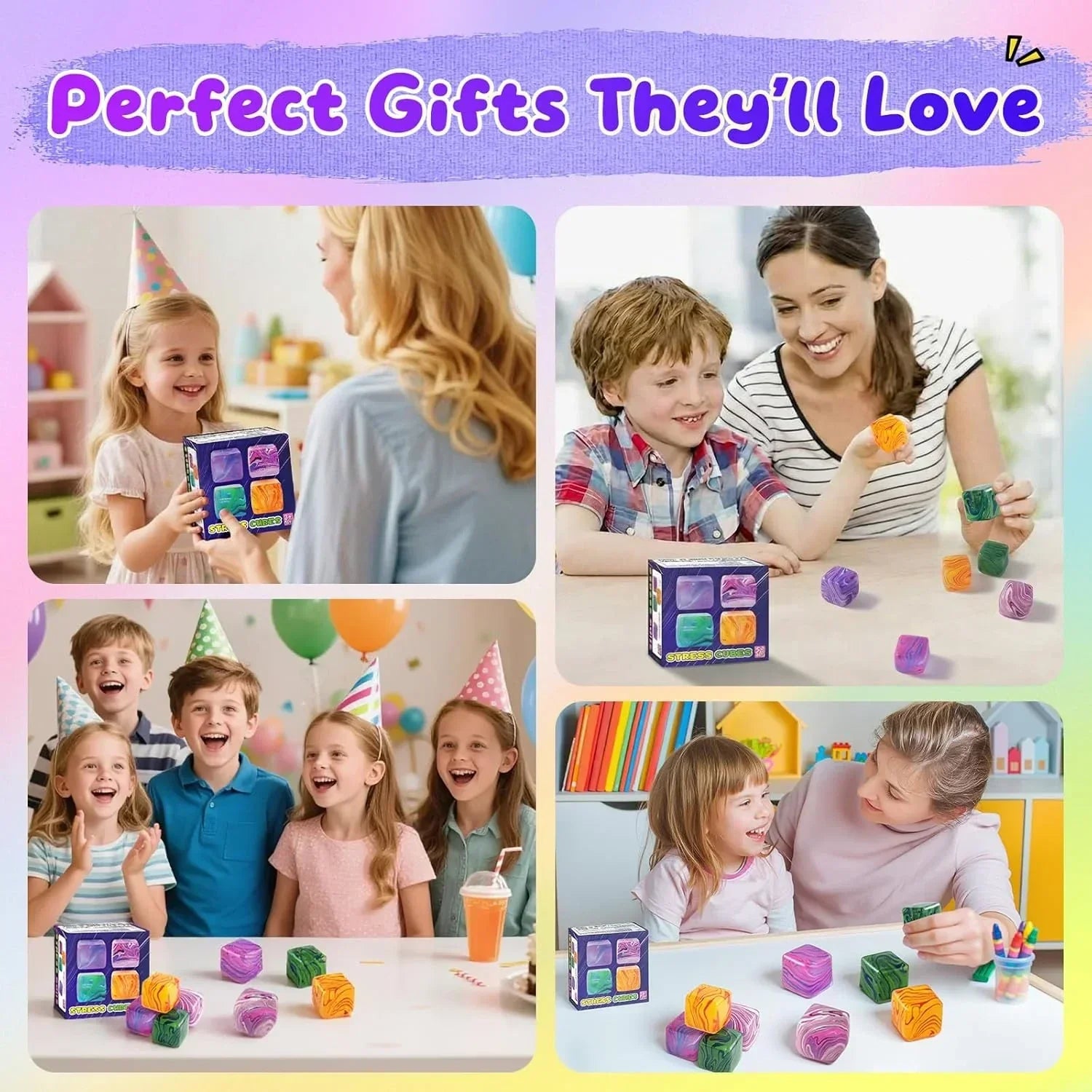 4 Pack Squishy Fidget Toys Stress Cube Bulk, Squishies Slow Rising Stress Balls for Adults Kids, Sensory Fidget Toys for Anxiety Relief, Small Squishy Toys for Classroom Prizes Party Favors