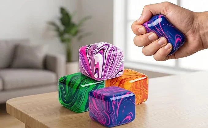4 Pack Mini Squishy Stress Cube Fidget Toys, Ice Squeeze Cube Sugar Balls, Stress Balls for Kids Adults Squishies Anxiety Stress Relief, Fidgets for Party Favors Classroom Prize