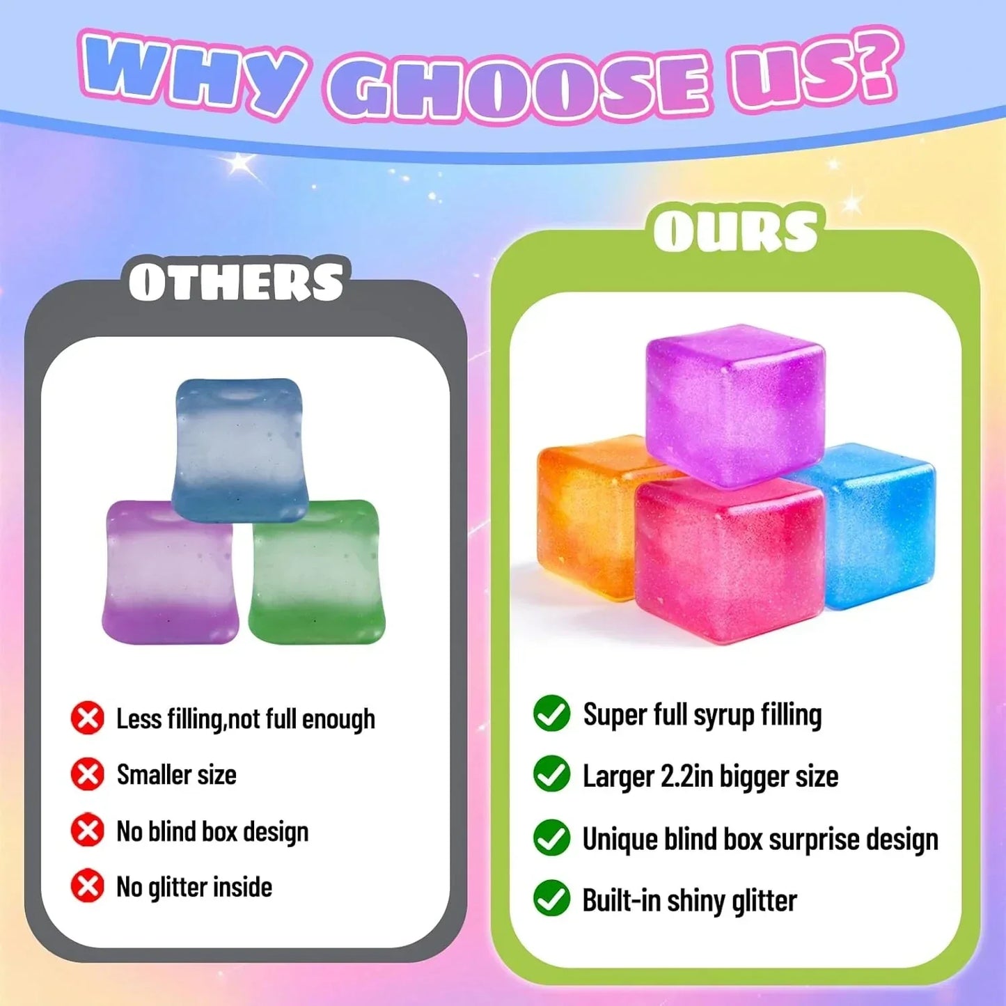 4 Pack Big Ice Cube Squishy Toys, 4 Color Glitter Stress Cube Fidget Toys, 2.2 inch Sensory Squeeze Toys, Squishy Cube Pack for Kids Adult Anxiety Stress Relief, Quiet Fidgets for Classroom Home