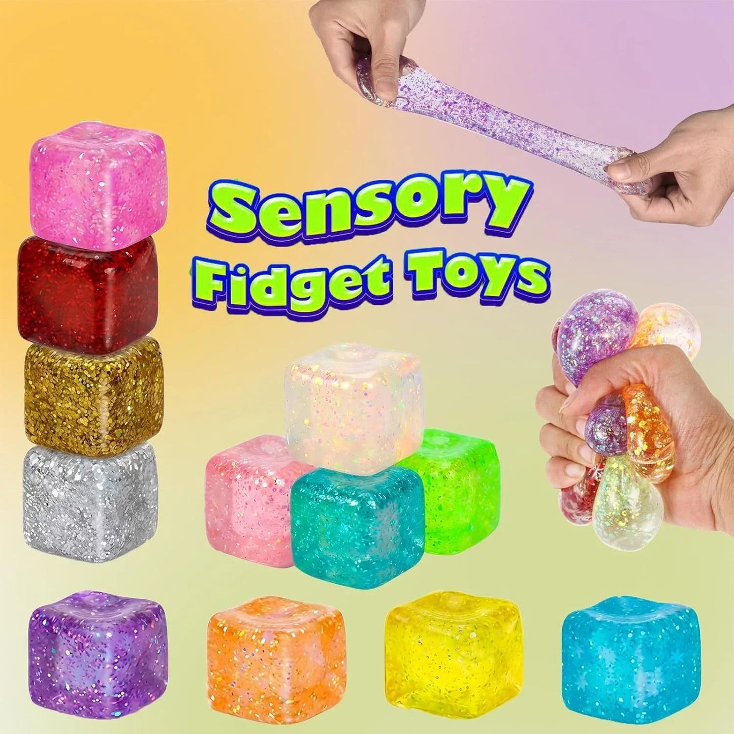 12 Pack Glitter Stress Cube Fidget Toys - Sensory Squeeze Toys for Stress & Anxiety Relief, Squishy Ice Cube Fidgets for Calm, Focus, Sensory Toys for Kids & Adults