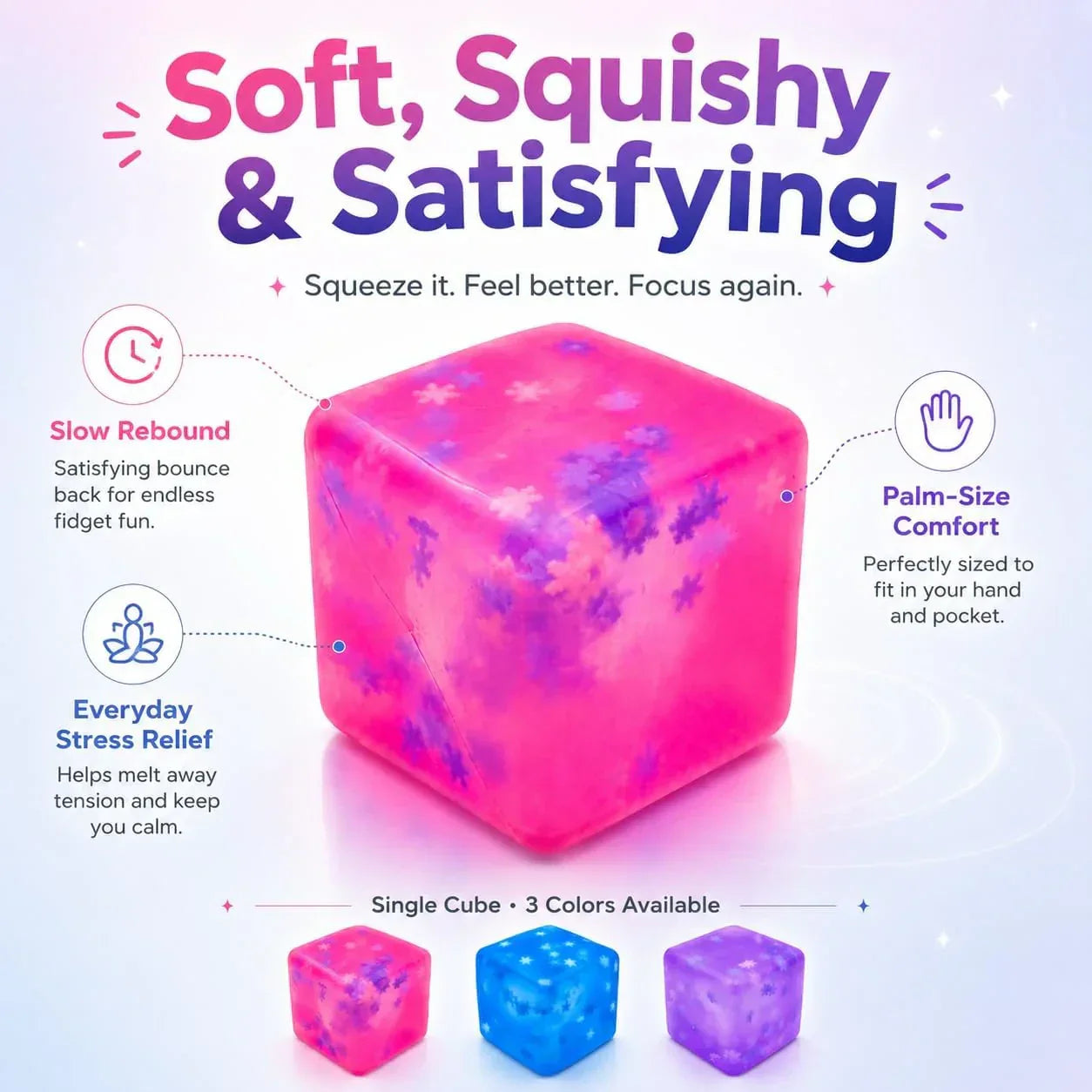 Stress Cube Squishy Toy, 1.97 Inch Slow Rising Fidget Stress Ball with Snowflake Inside, Silent Anxiety Relief Sensory Toy for Adults & Kids, Leakproof Gift-Ready Squeeze Cube